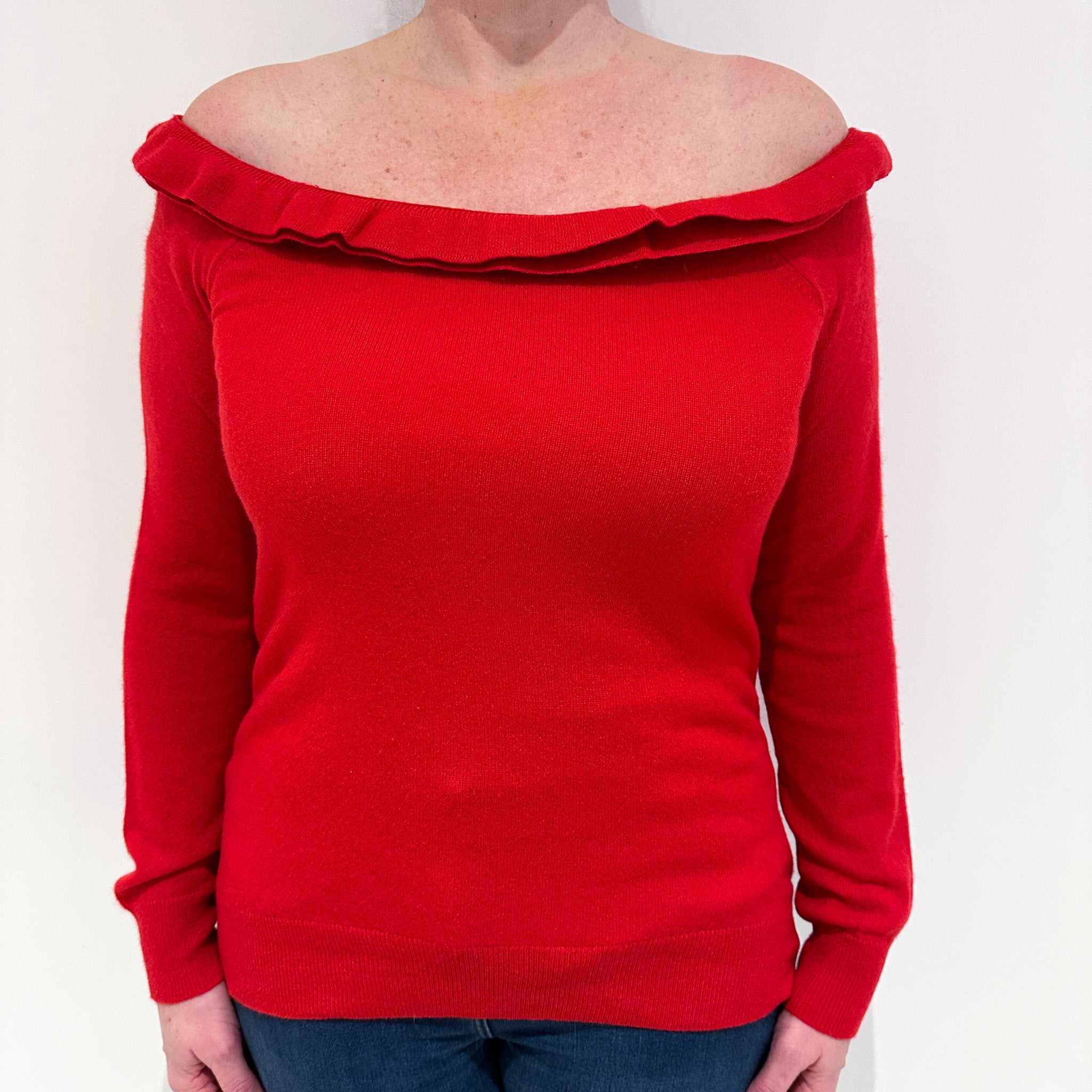 Berry Red Ruffle Cashmere Off-Shoulder Jumper Large