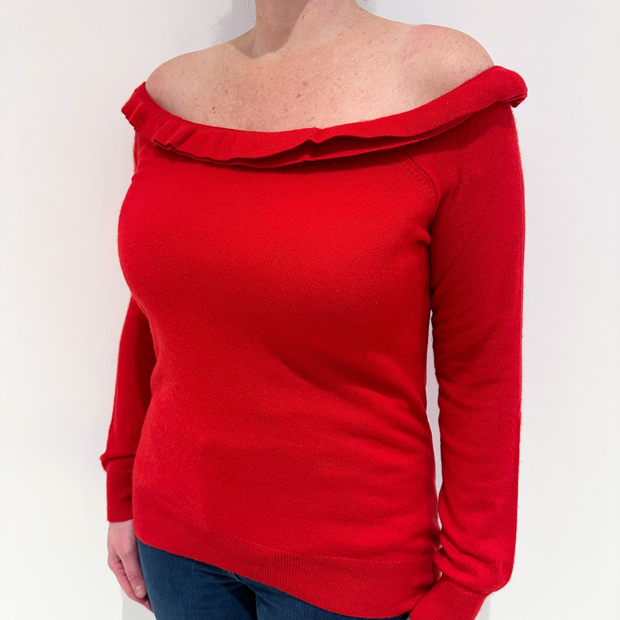 Berry Red Ruffle Cashmere Off-Shoulder Jumper Large