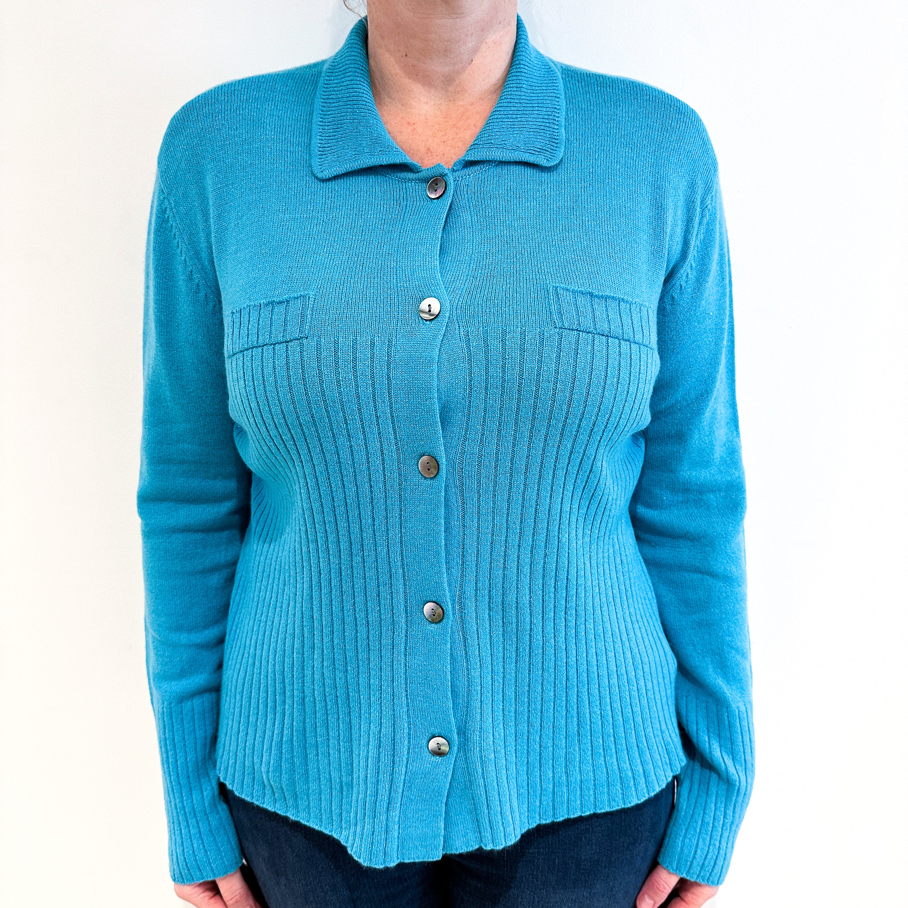 Turquoise Collared Cashmere Cardigan Large