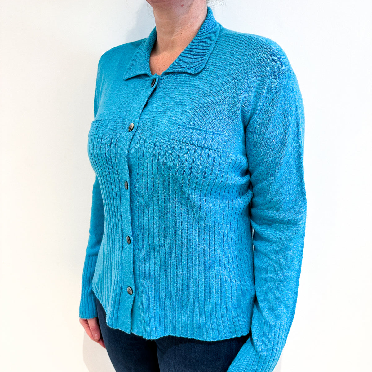 Turquoise Collared Cashmere Cardigan Large