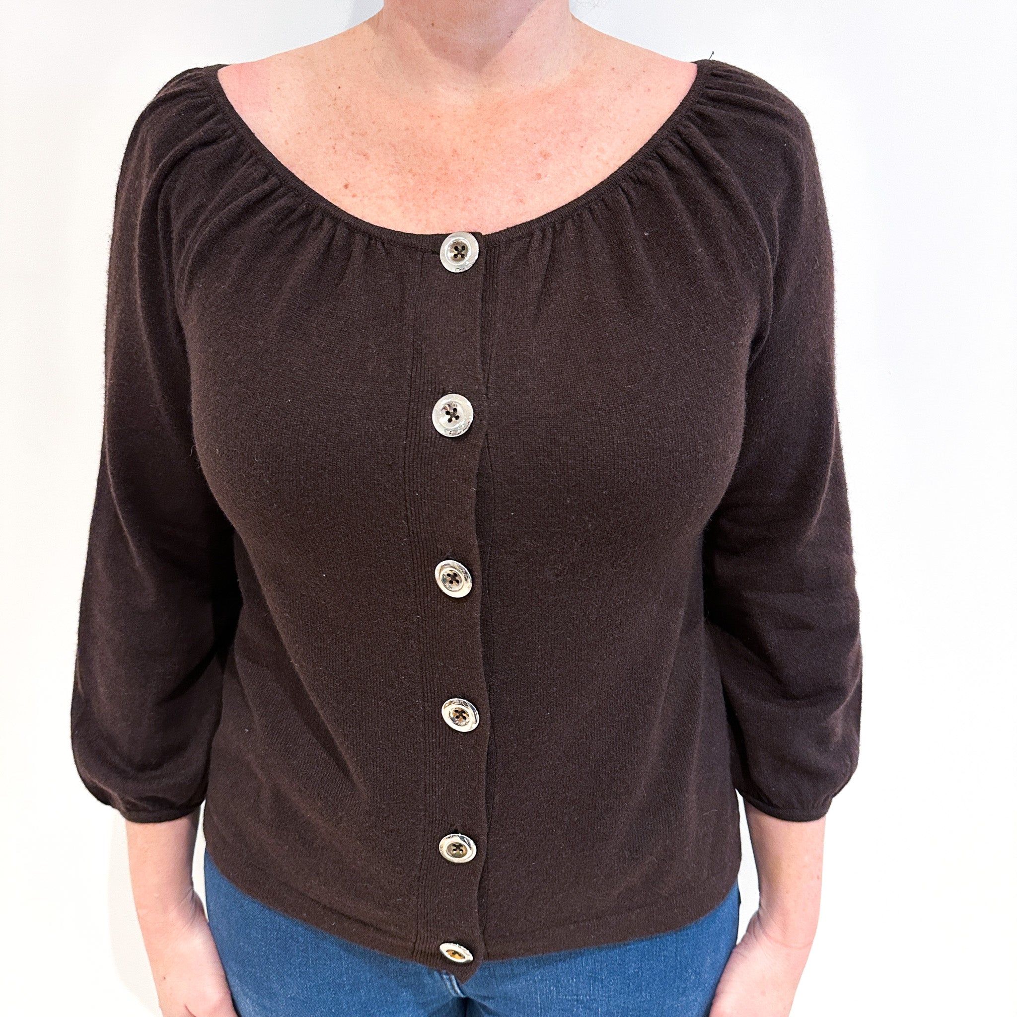 Chocolate Brown Scoop Neck Cashmere Cardigan Large