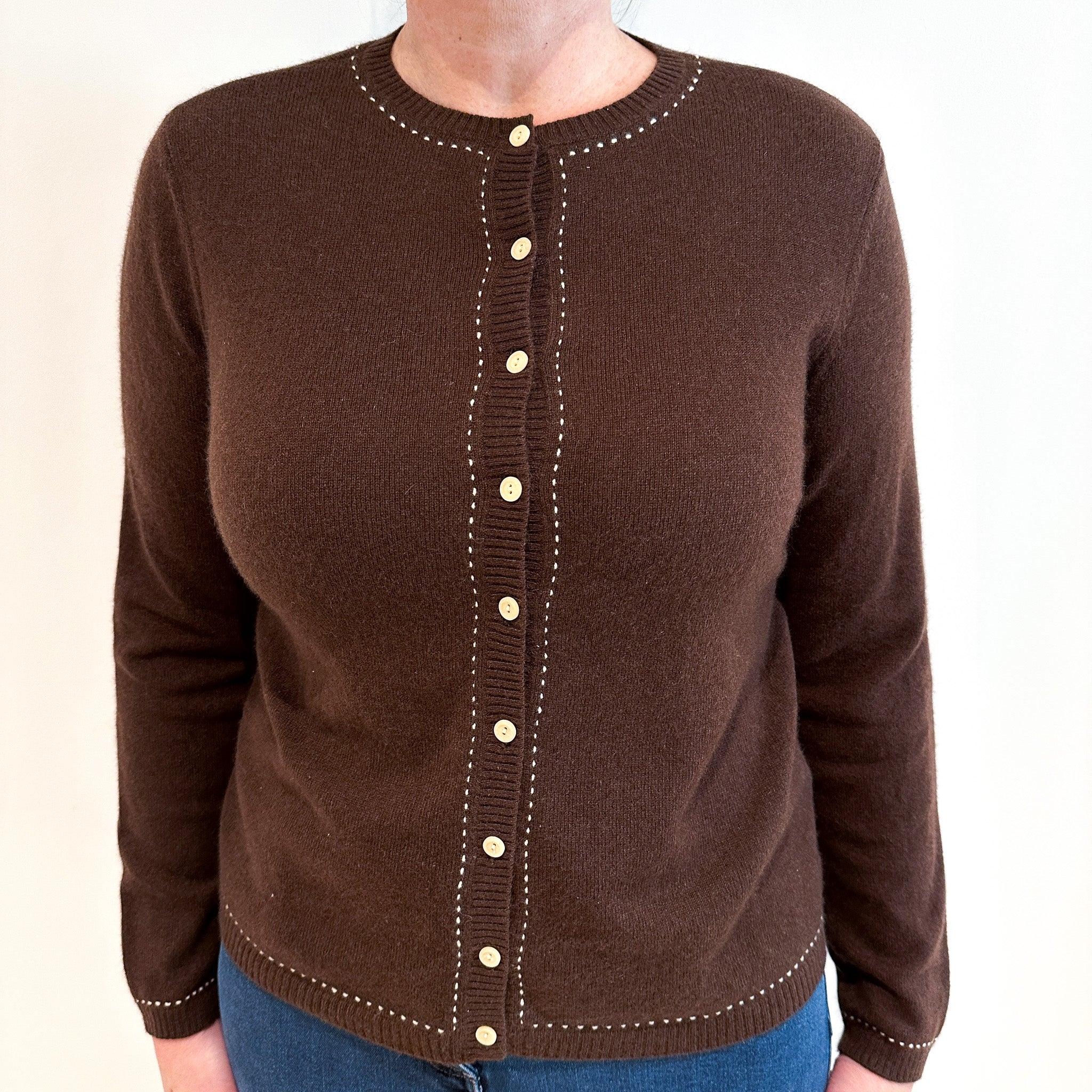 Chocolate Brown Crew Neck Cashmere Cardigan Large