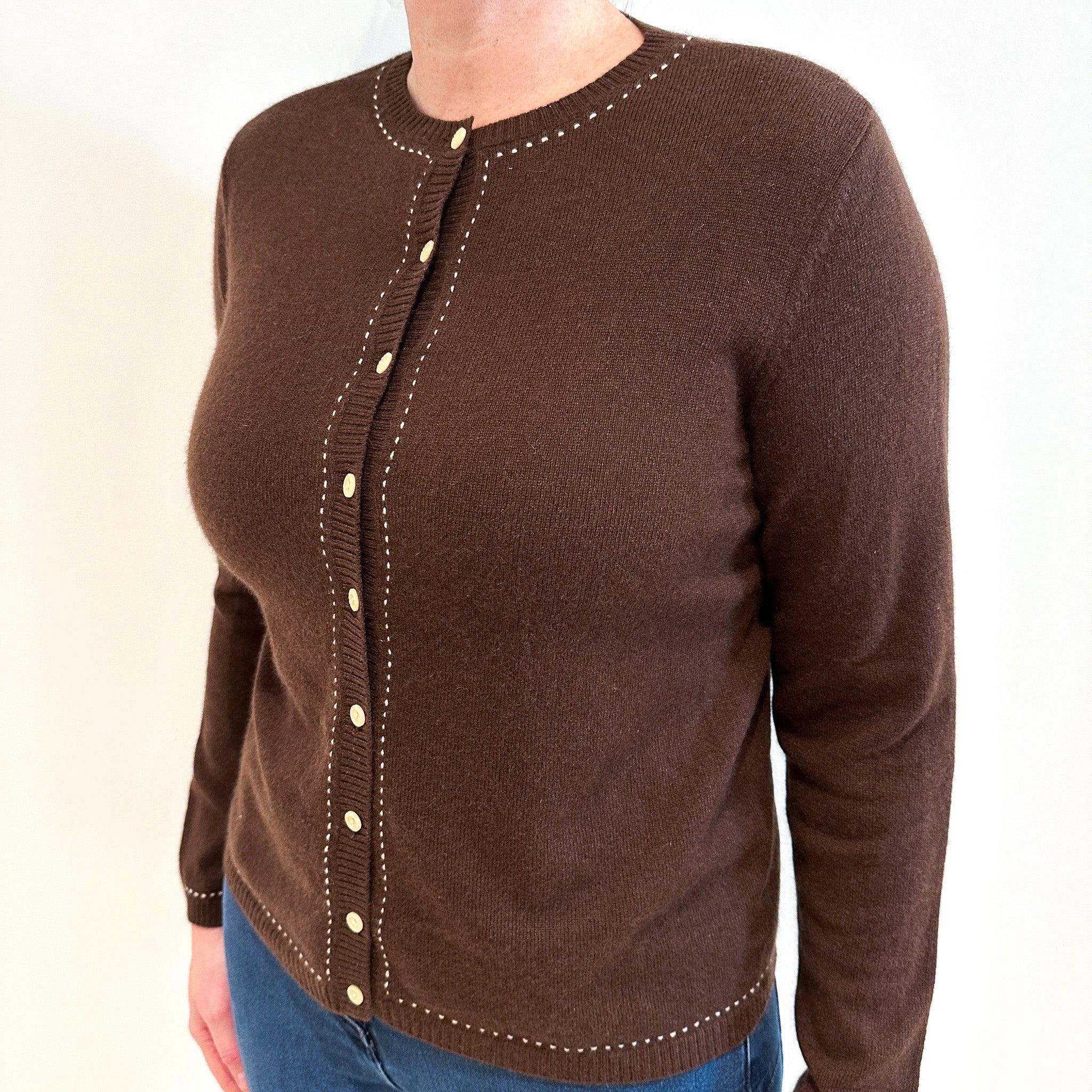 Chocolate Brown Crew Neck Cashmere Cardigan Large