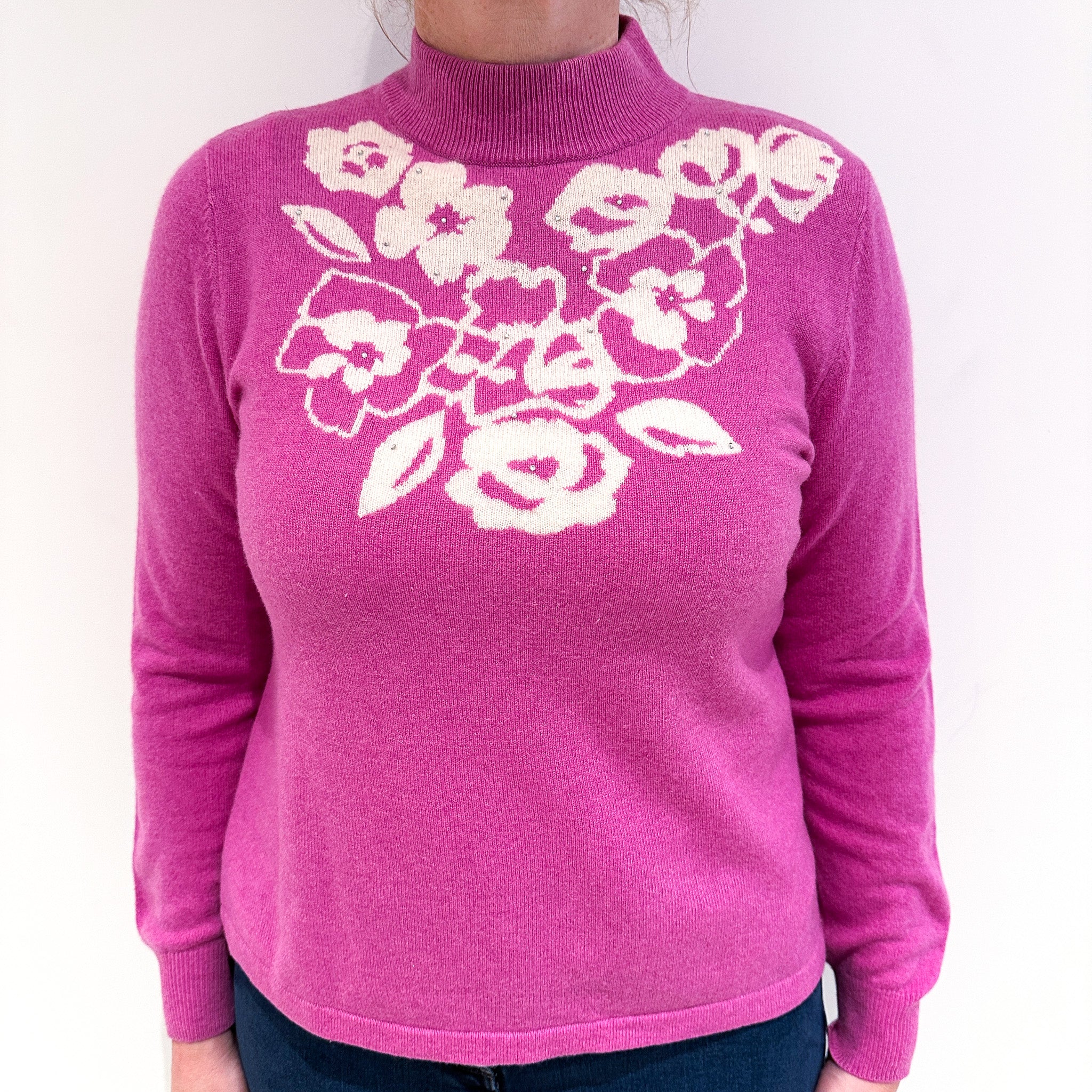 Sweet Pea Pink Floral Cashmere Turtle Neck Jumper Large