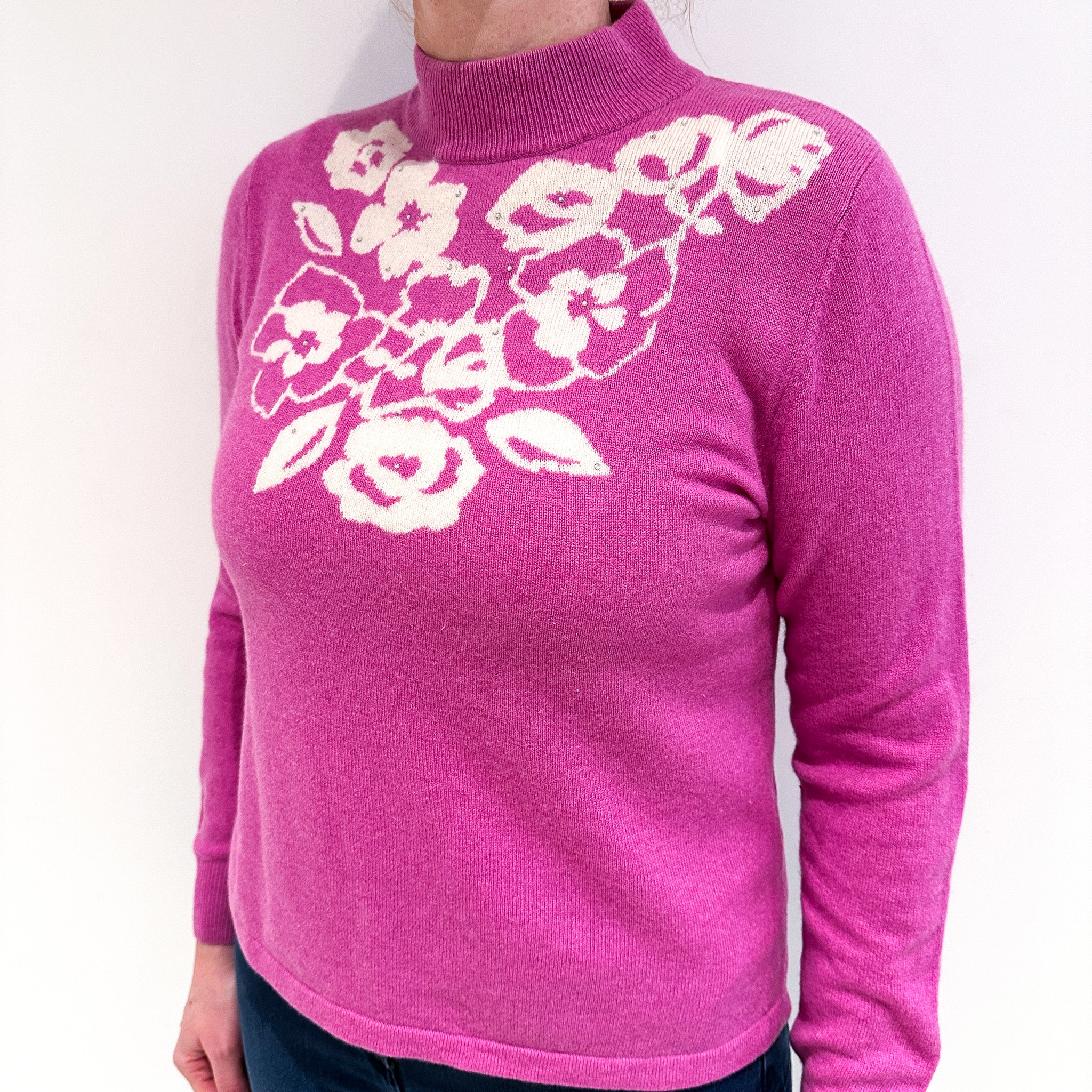 Sweet Pea Pink Floral Cashmere Turtle Neck Jumper Large