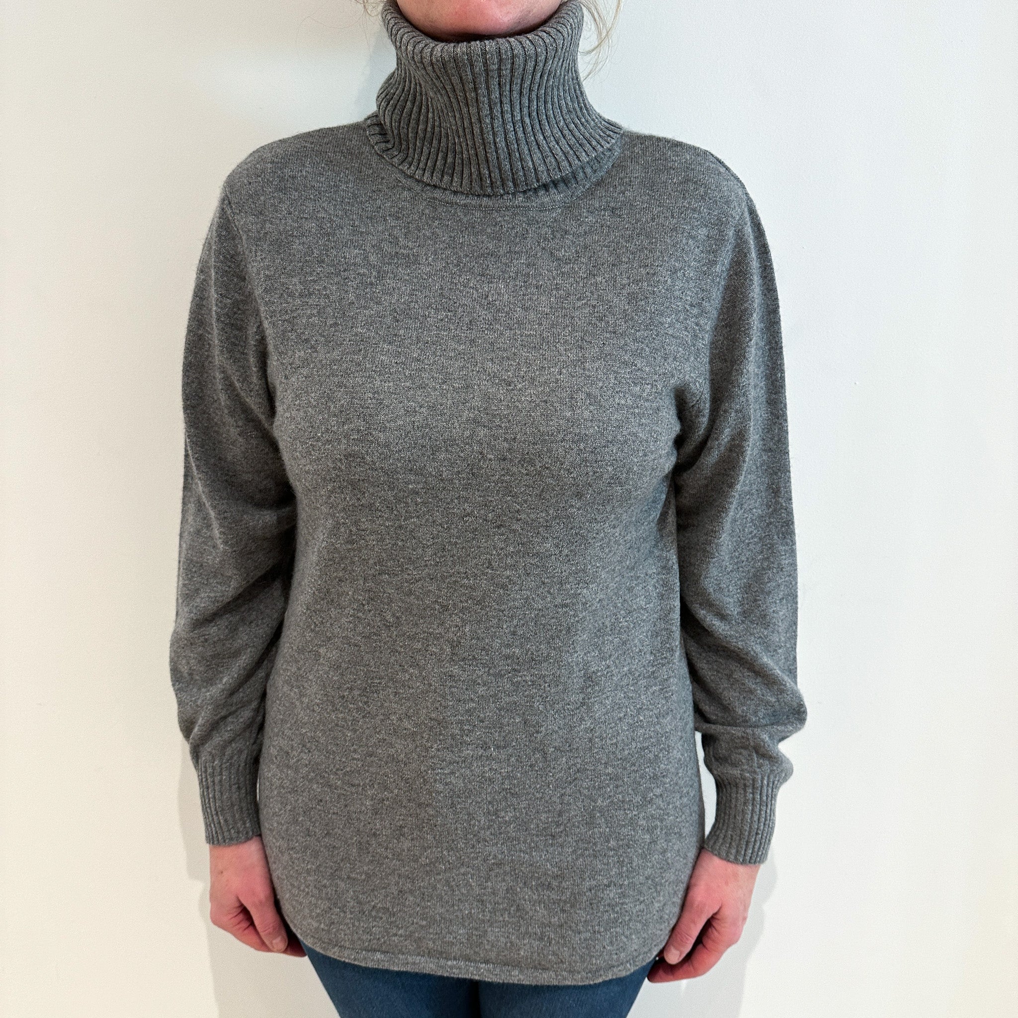 Grey Marl Longline Cashmere Turtle Neck Jumper Large