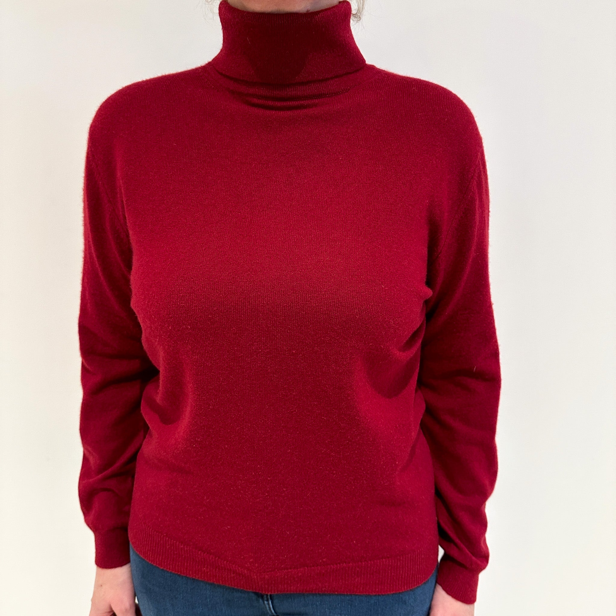 Crimson Red Cashmere Polo Neck Jumper Large