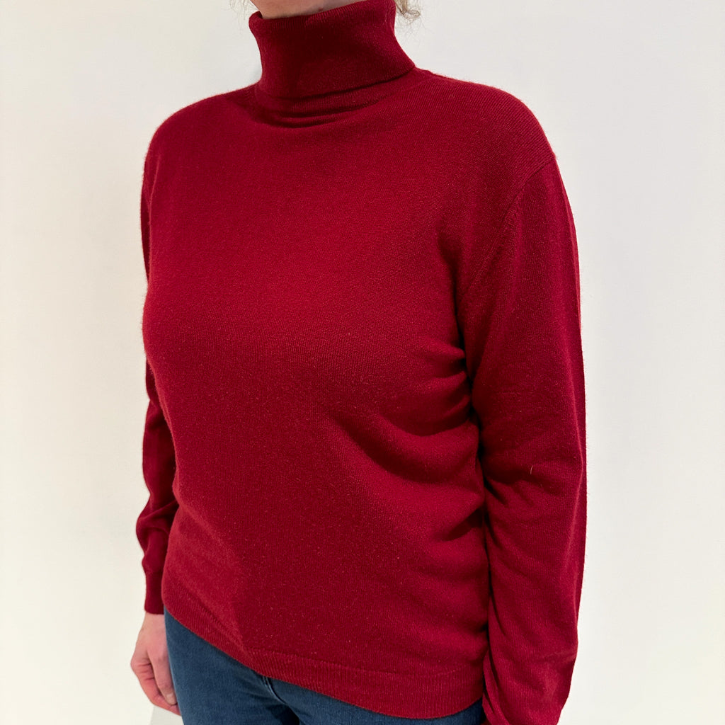 Crimson Red Cashmere Polo Neck Jumper Large