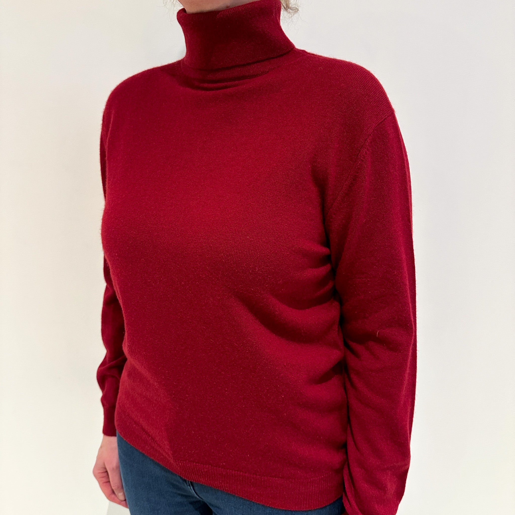 Crimson Red Cashmere Polo Neck Jumper Large