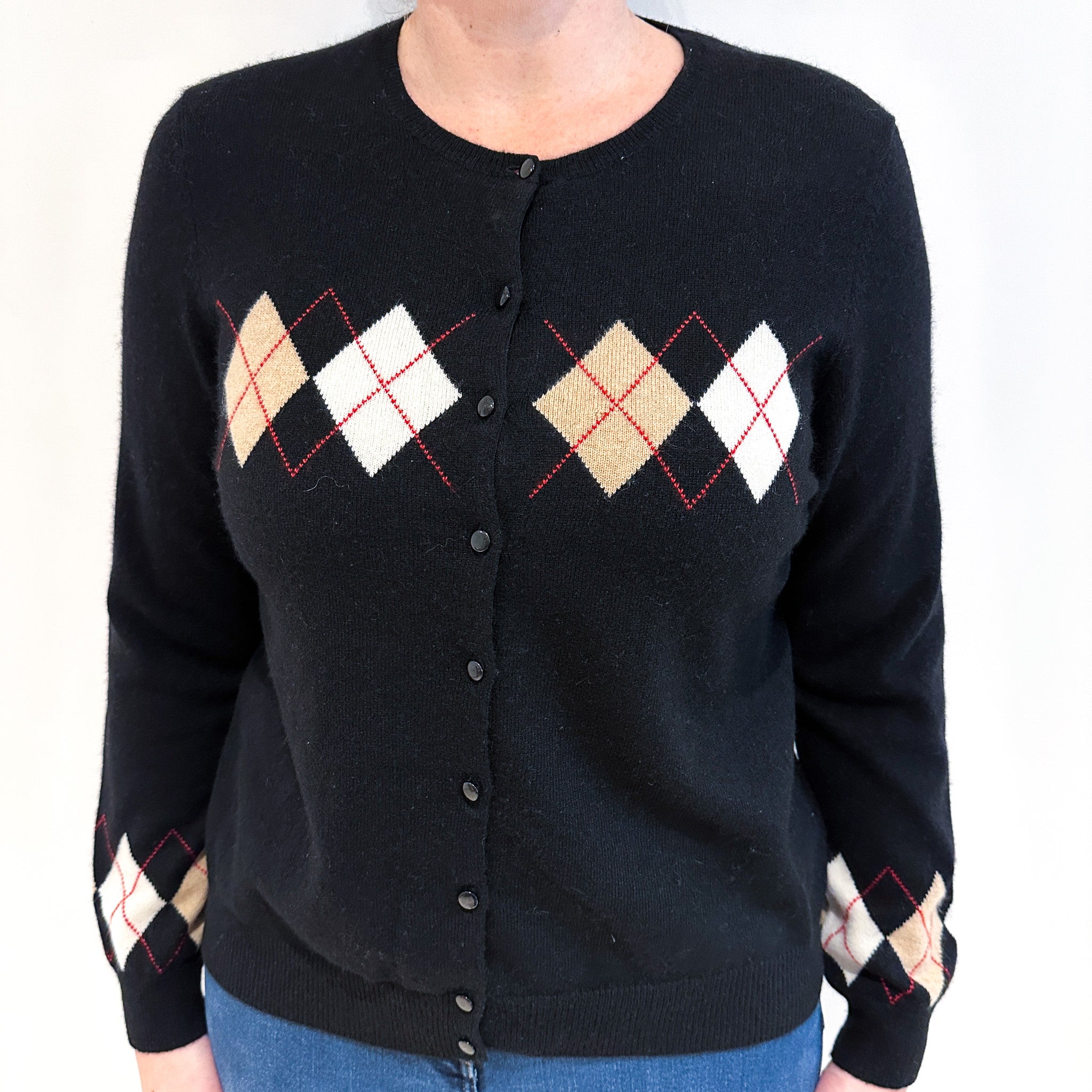 Black Diamond Pattern Crew Neck Cashmere Cardigan Large