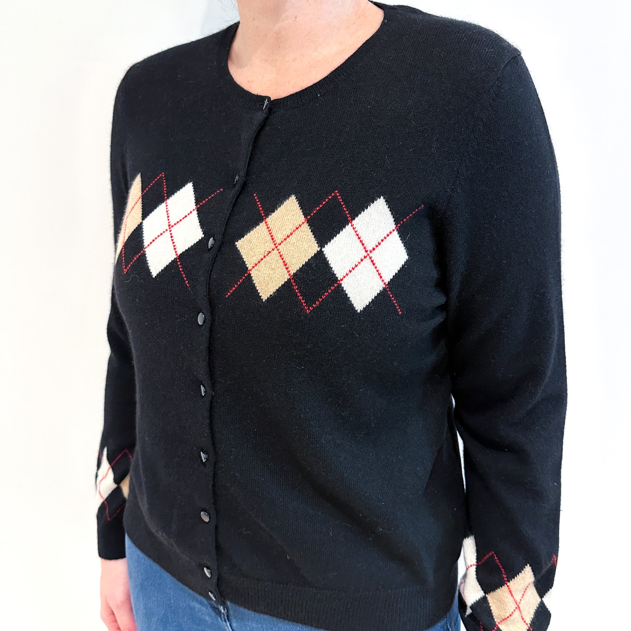 Black Diamond Pattern Crew Neck Cashmere Cardigan Large