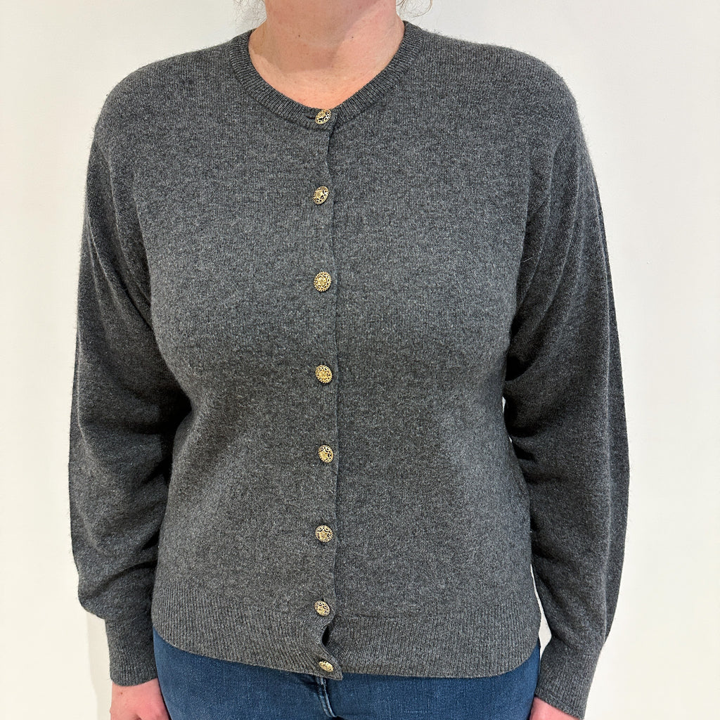 Dark Marl Grey Crew Neck Cashmere Cardigan Large