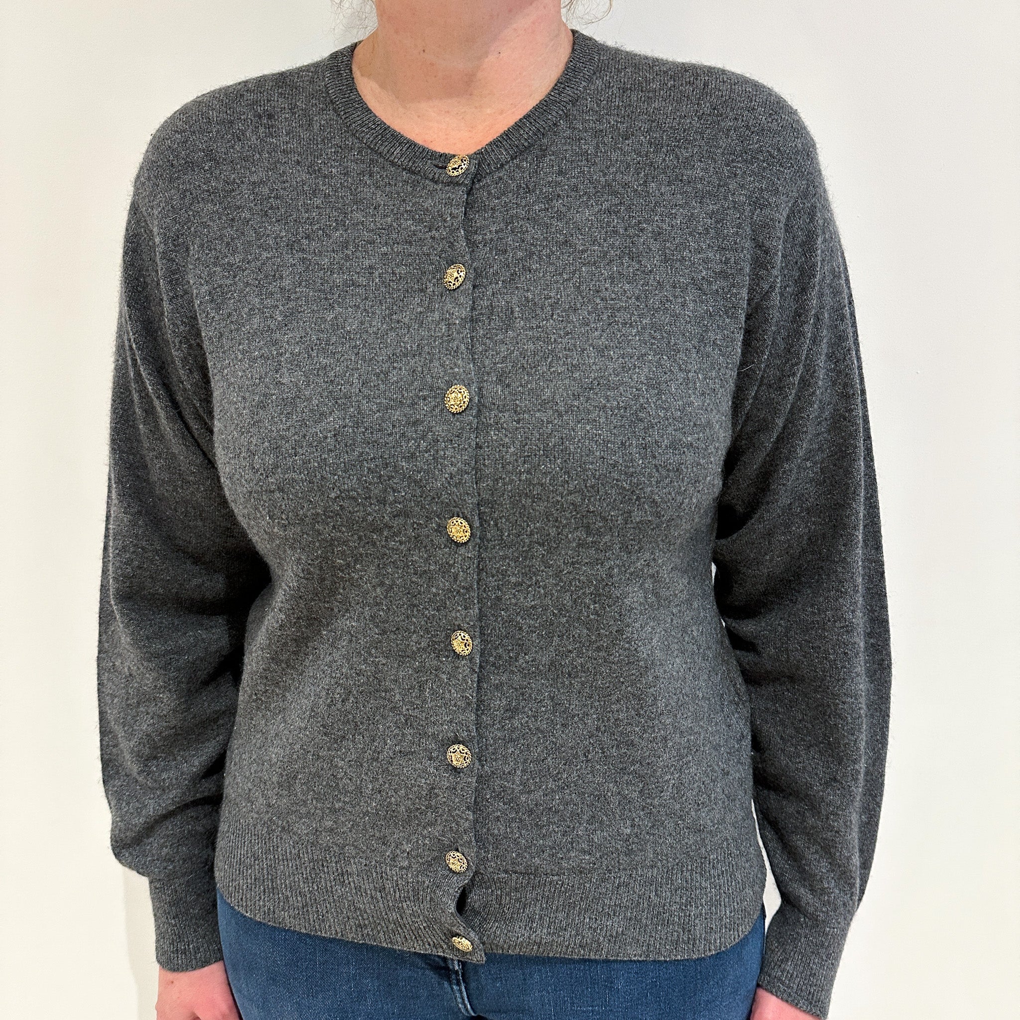 Dark Marl Grey Crew Neck Cashmere Cardigan Large