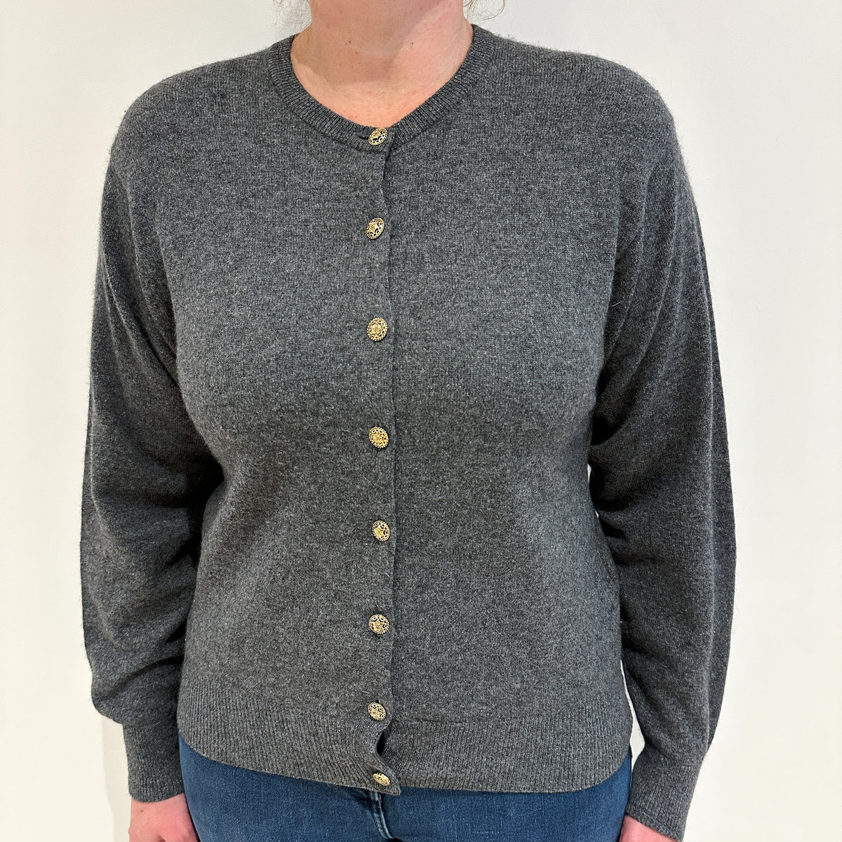 Dark Marl Grey Crew Neck Cashmere Cardigan Large