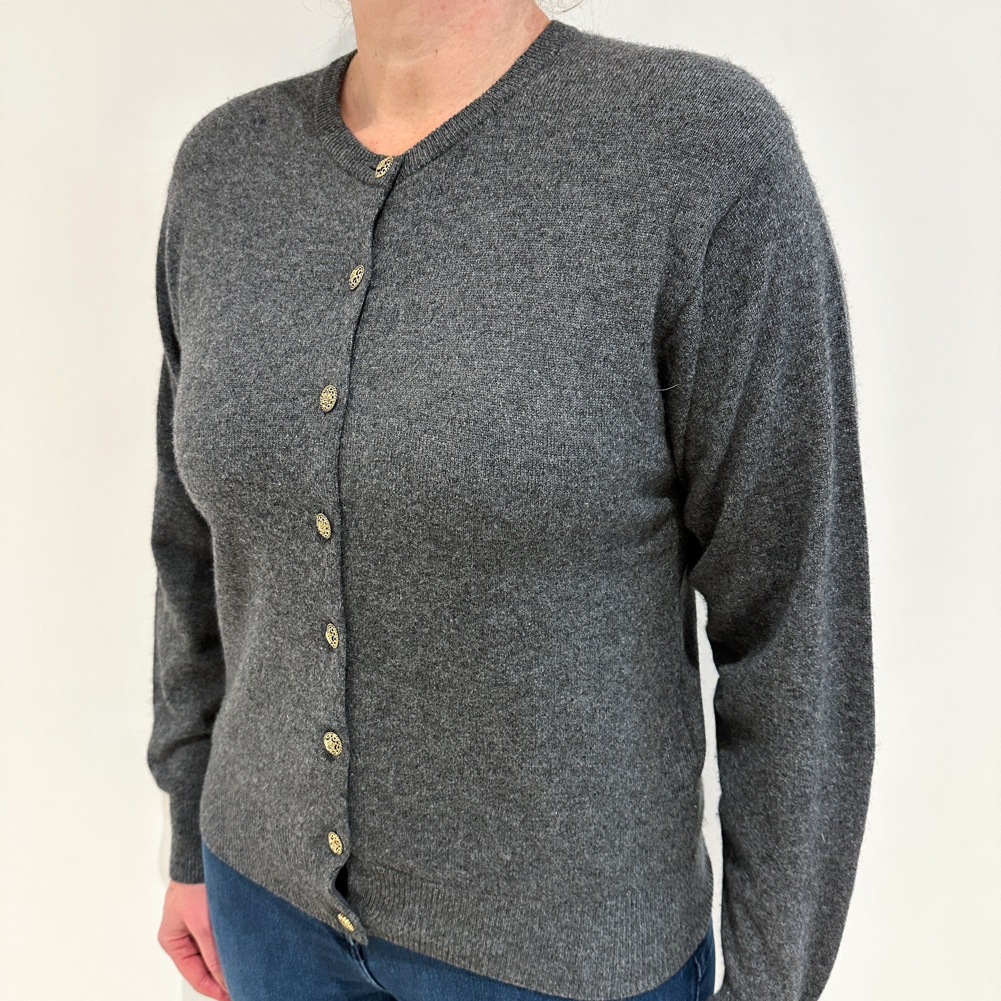 Dark Marl Grey Crew Neck Cashmere Cardigan Large