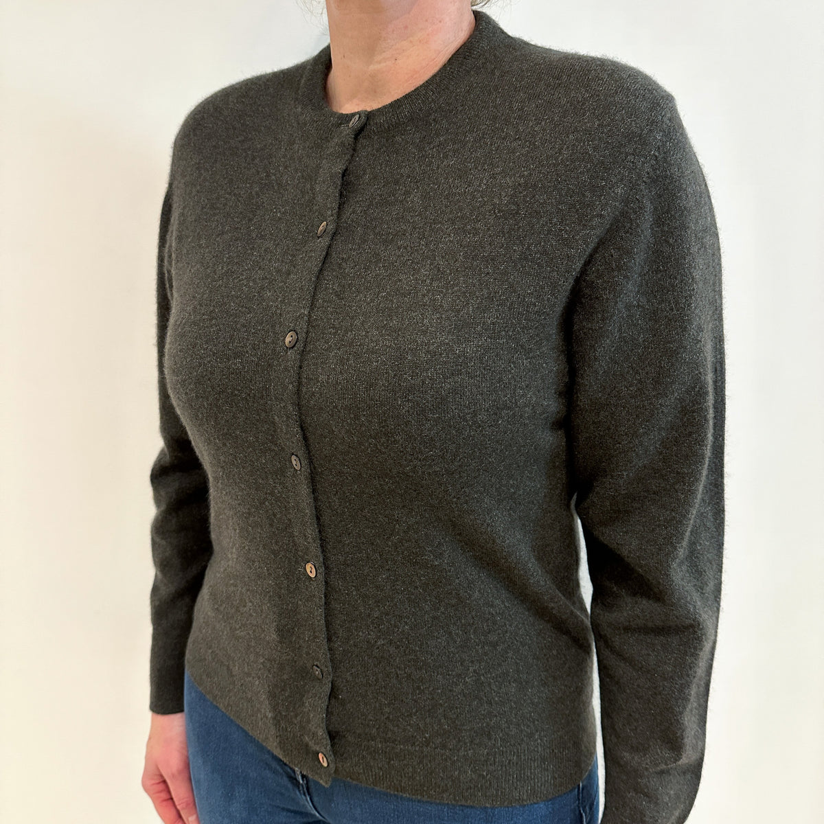 Charcoal Grey Cashmere Crew Neck Cardigan Large
