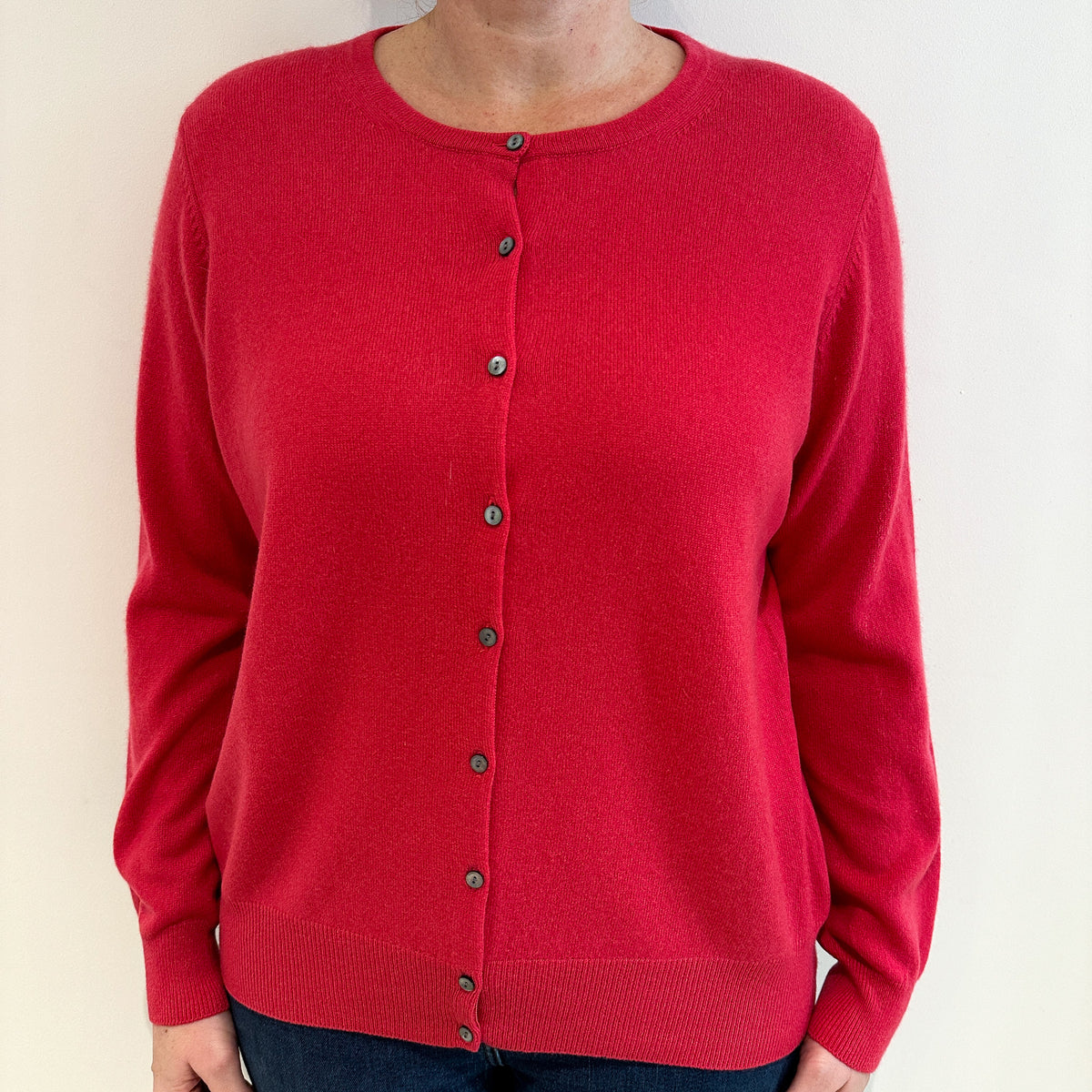 Bright Fuchsia Pink Cashmere Crew Neck Cardigan Large