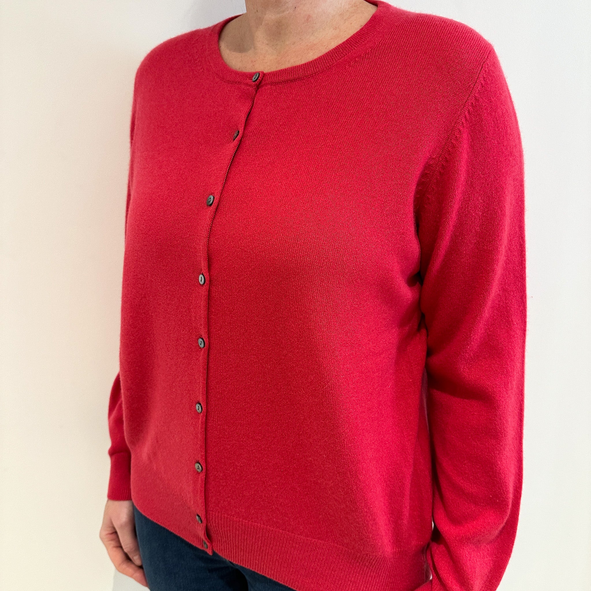 Bright Fuchsia Pink Cashmere Crew Neck Cardigan Large