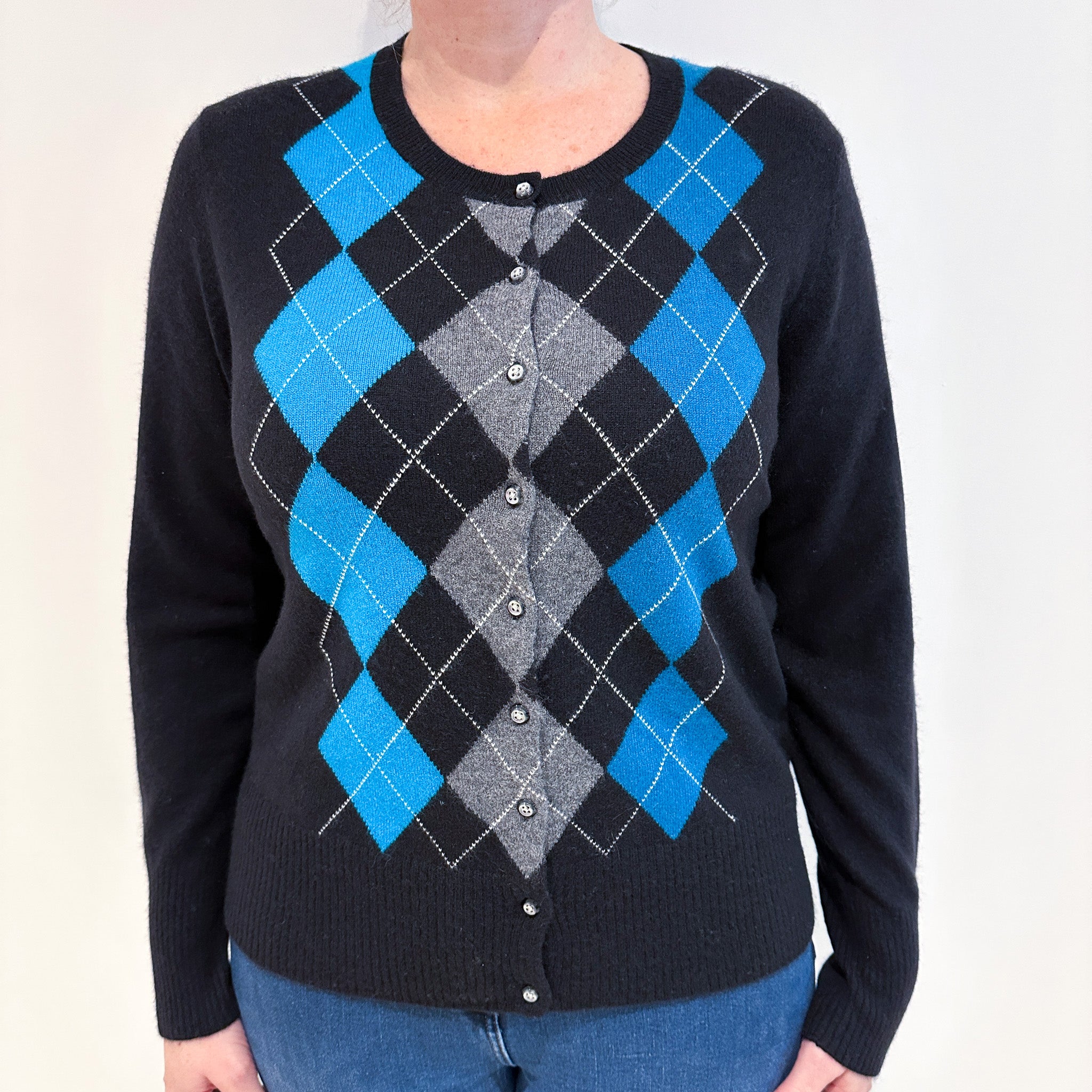 Black and Turquoise Blue Diamond Cashmere Crew Neck Cardigan Large