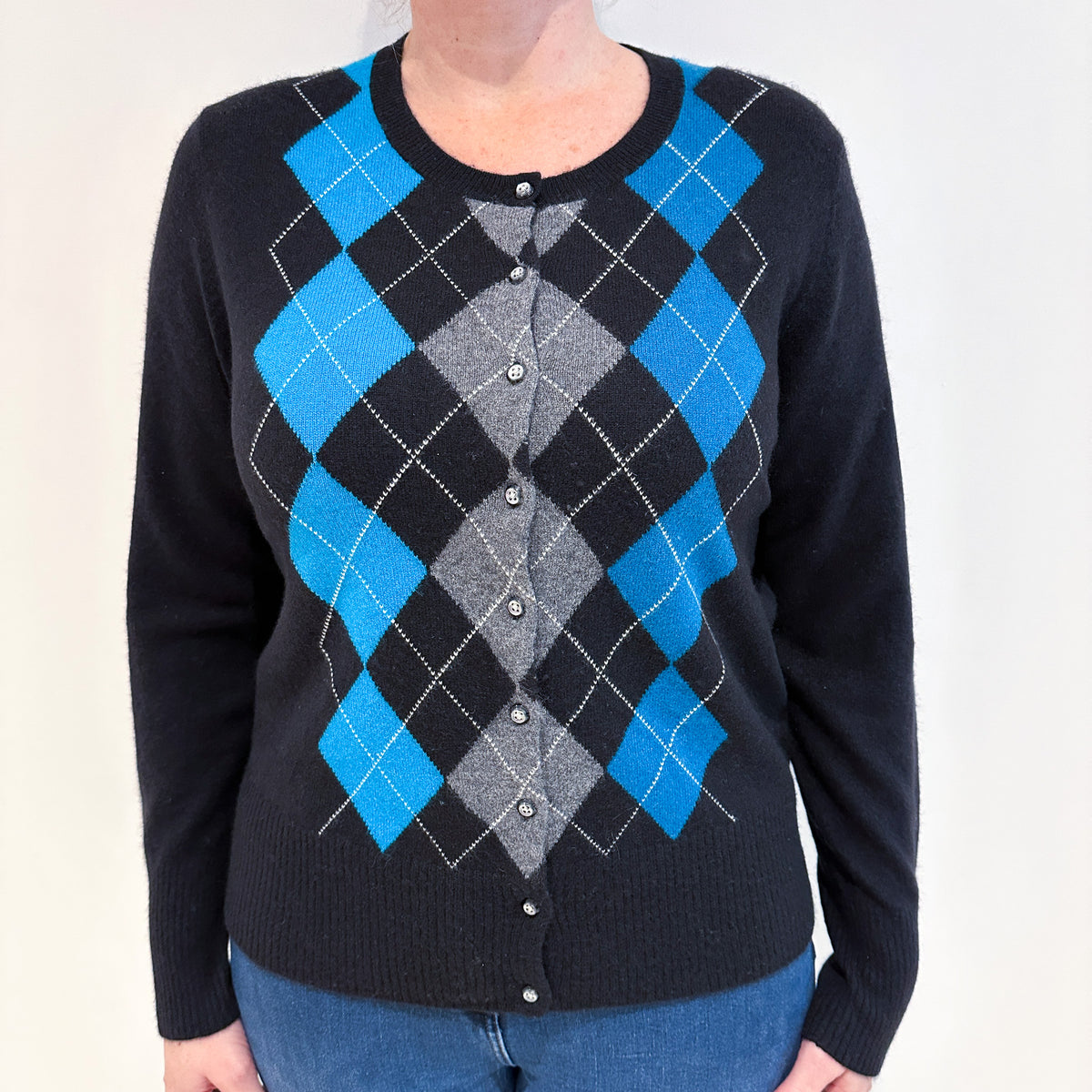 Black and Turquoise Blue Diamond Cashmere Crew Neck Cardigan Large