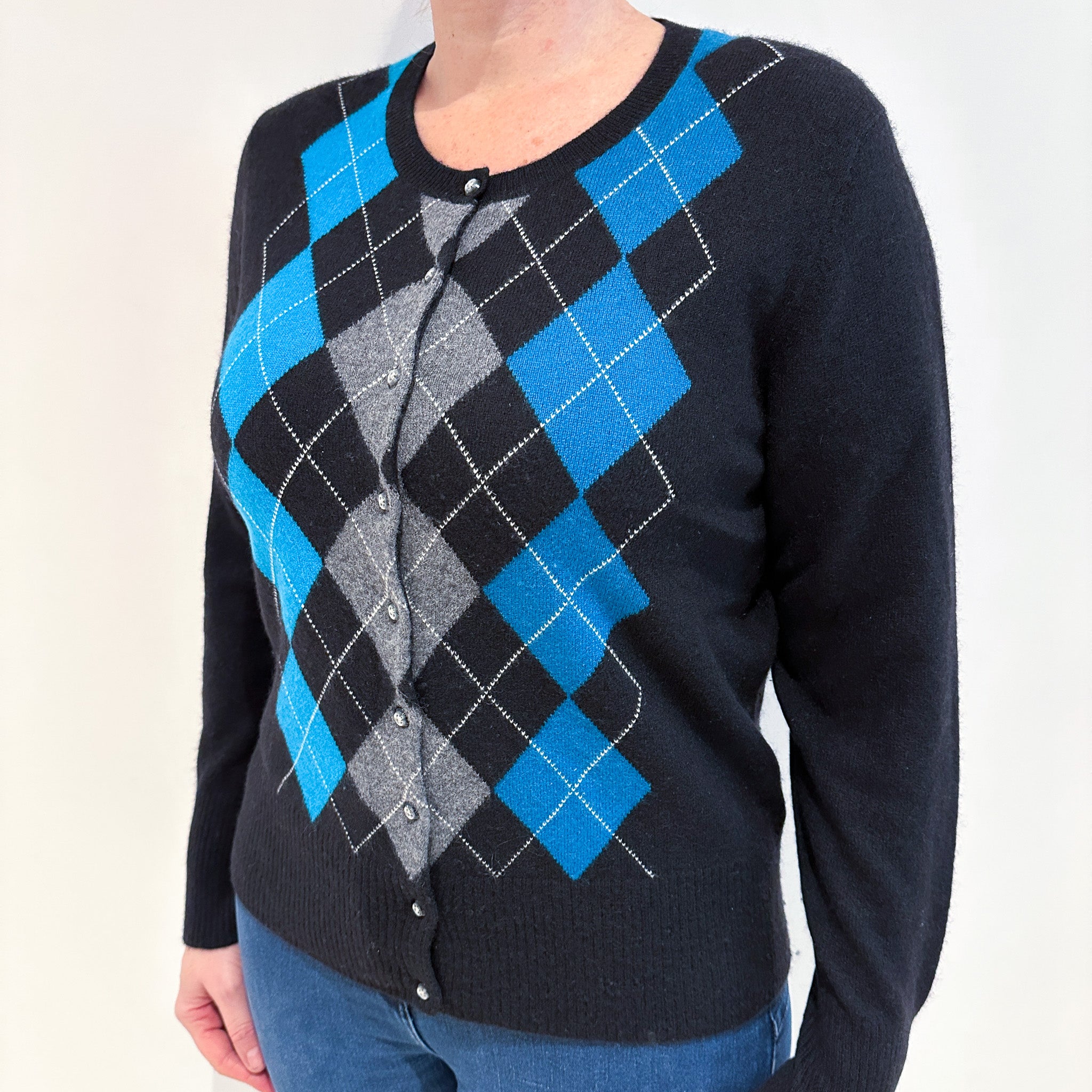 Black and Turquoise Blue Diamond Cashmere Crew Neck Cardigan Large