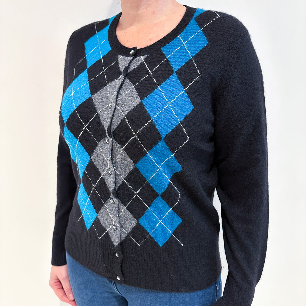 Black and Turquoise Blue Diamond Cashmere Crew Neck Cardigan Large