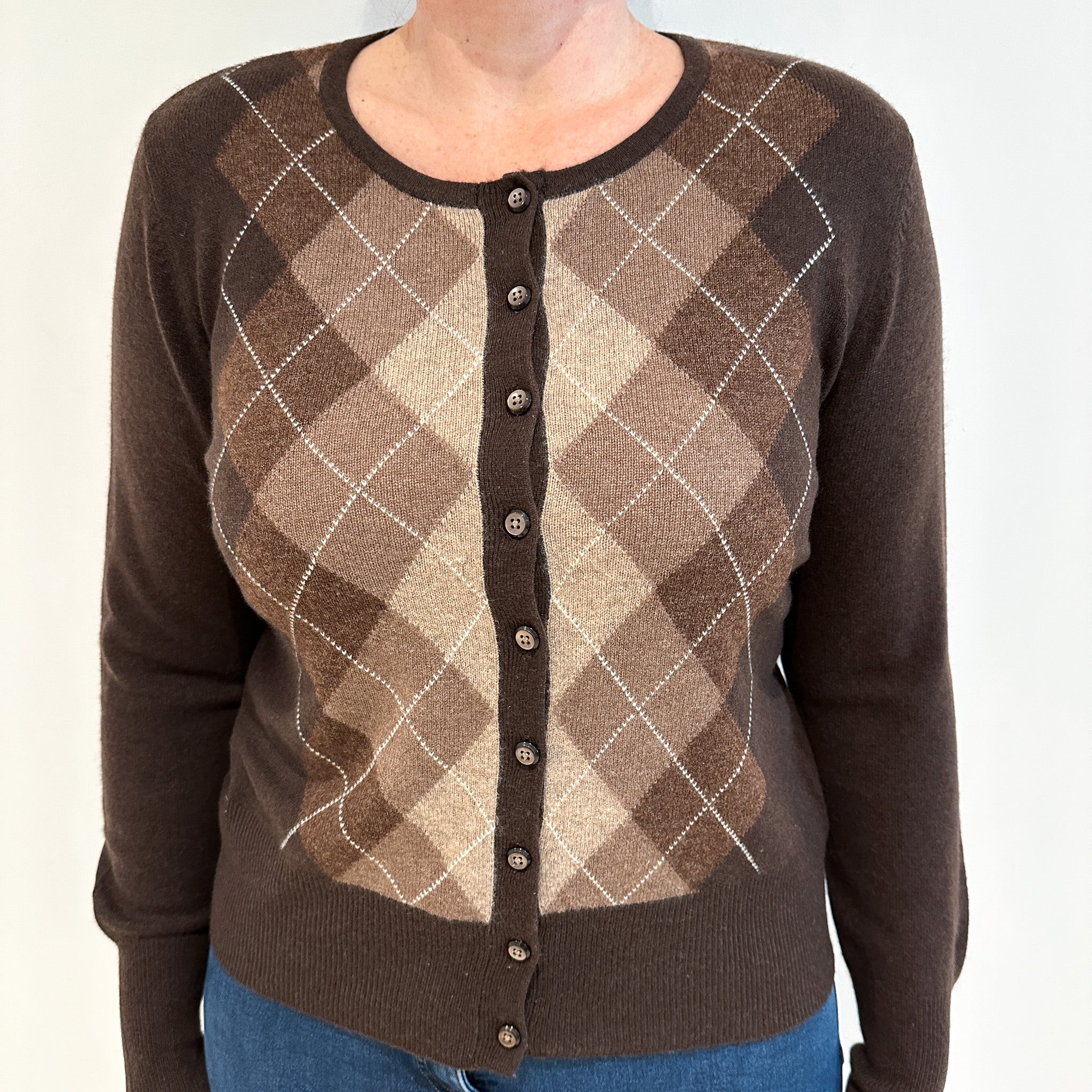 Chocolate Brown Diamond Cashmere Crew Neck Cardigan Large