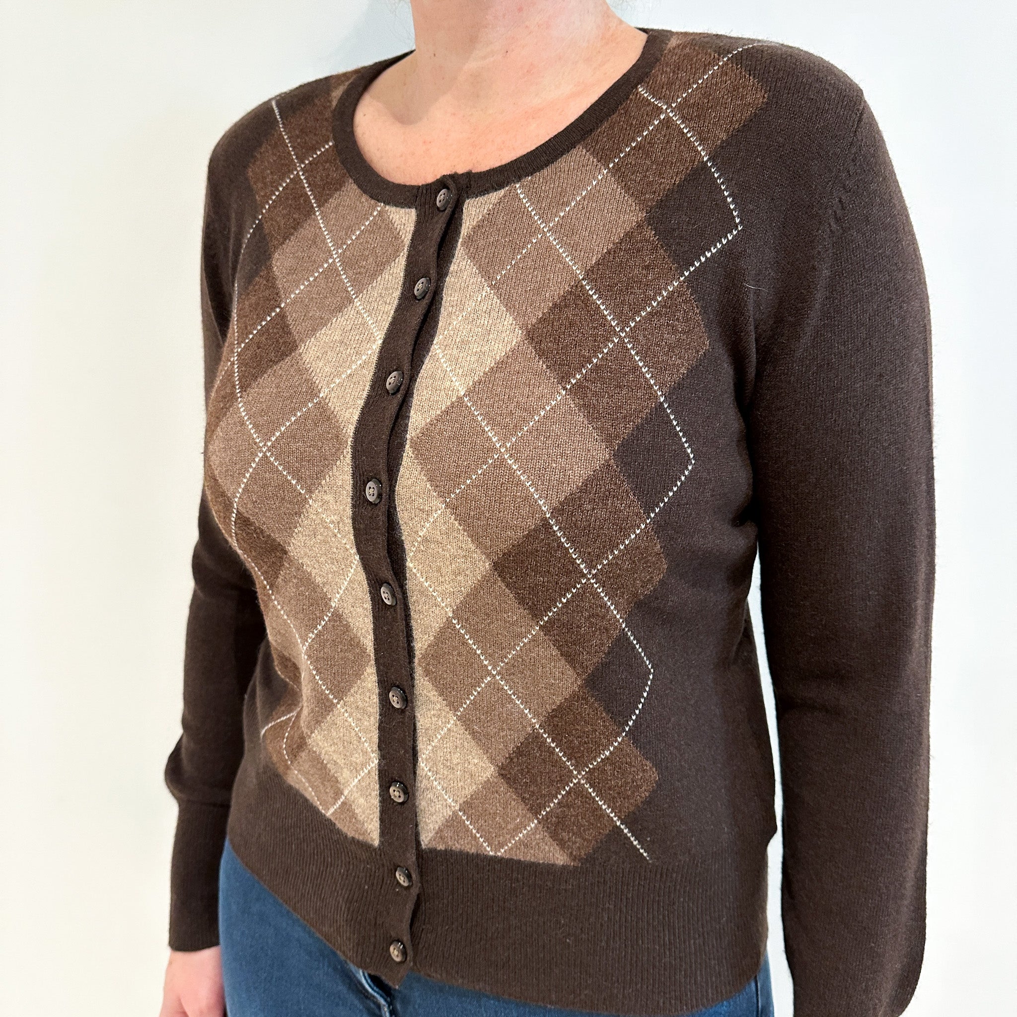 Chocolate Brown Diamond Cashmere Crew Neck Cardigan Large