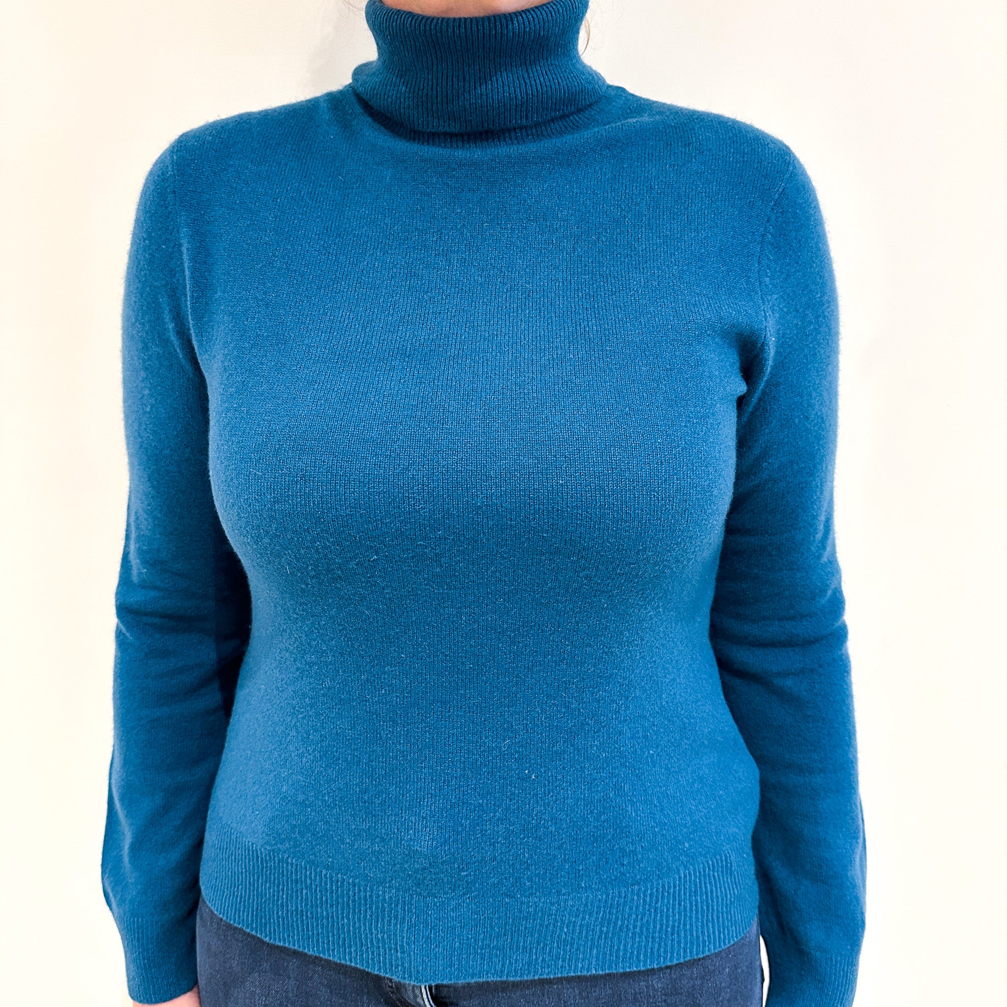 Peacock Blue Cashmere Polo Neck Jumper Large