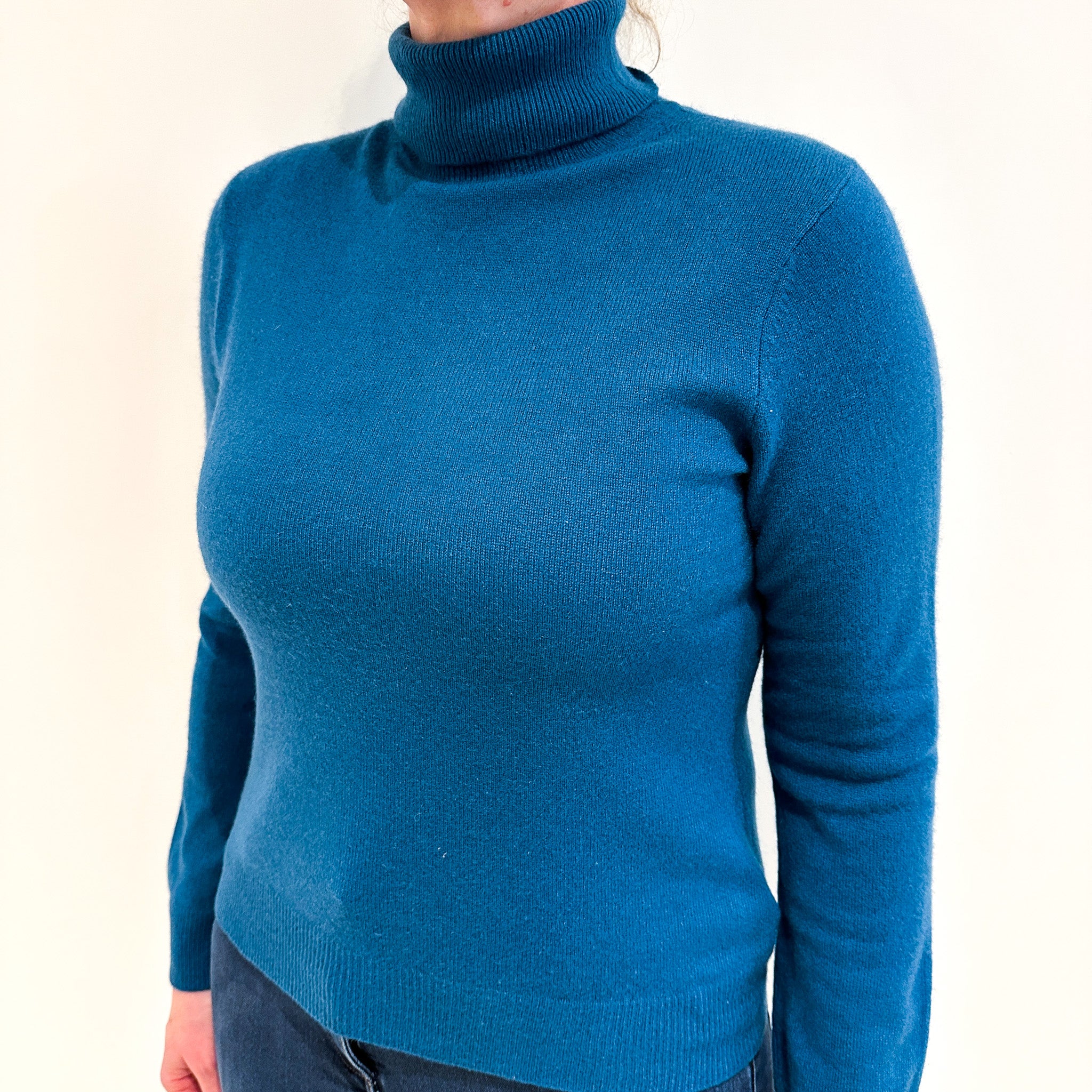 Peacock Blue Cashmere Polo Neck Jumper Large