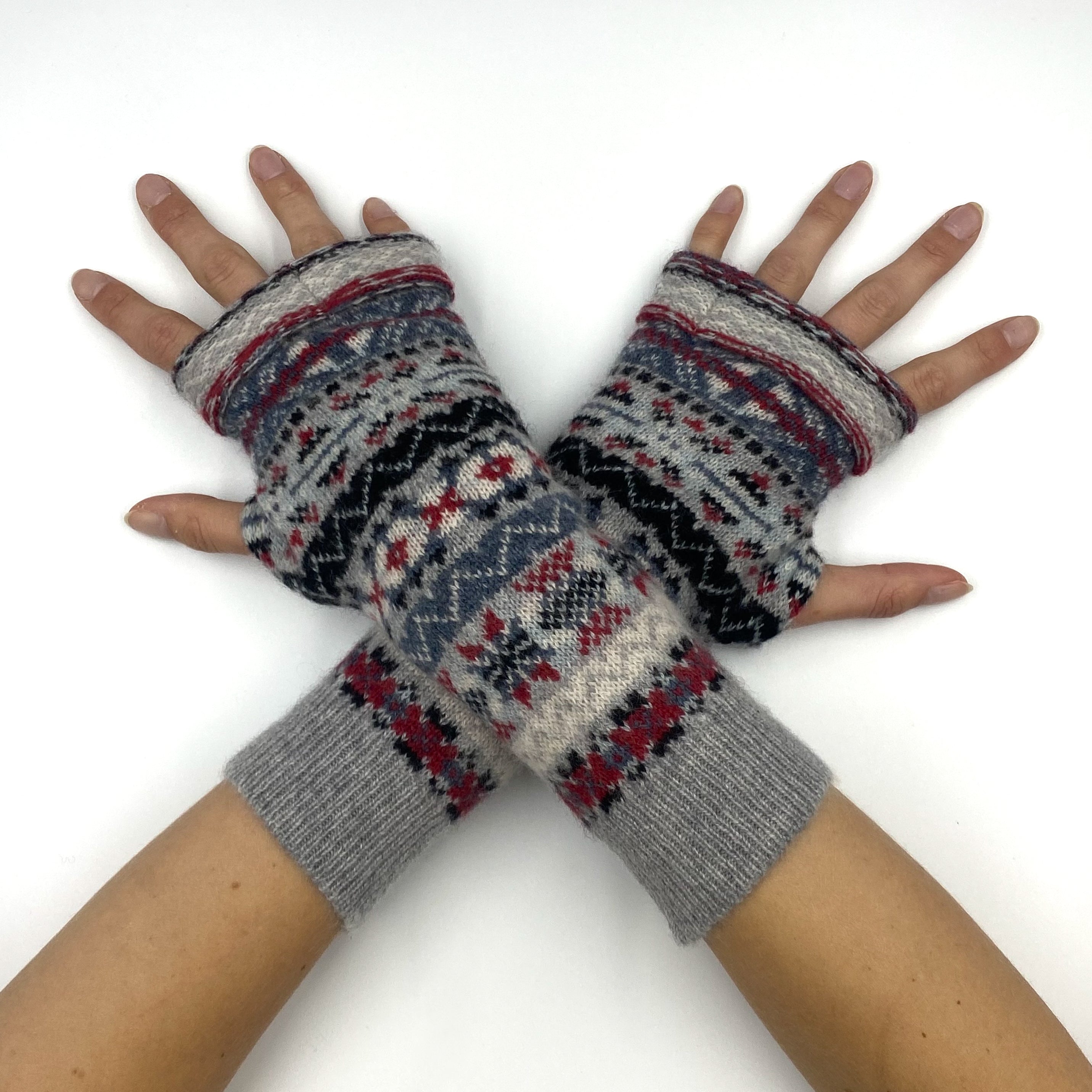 Grey, Red and Black Fair Isle Fingerless Gloves