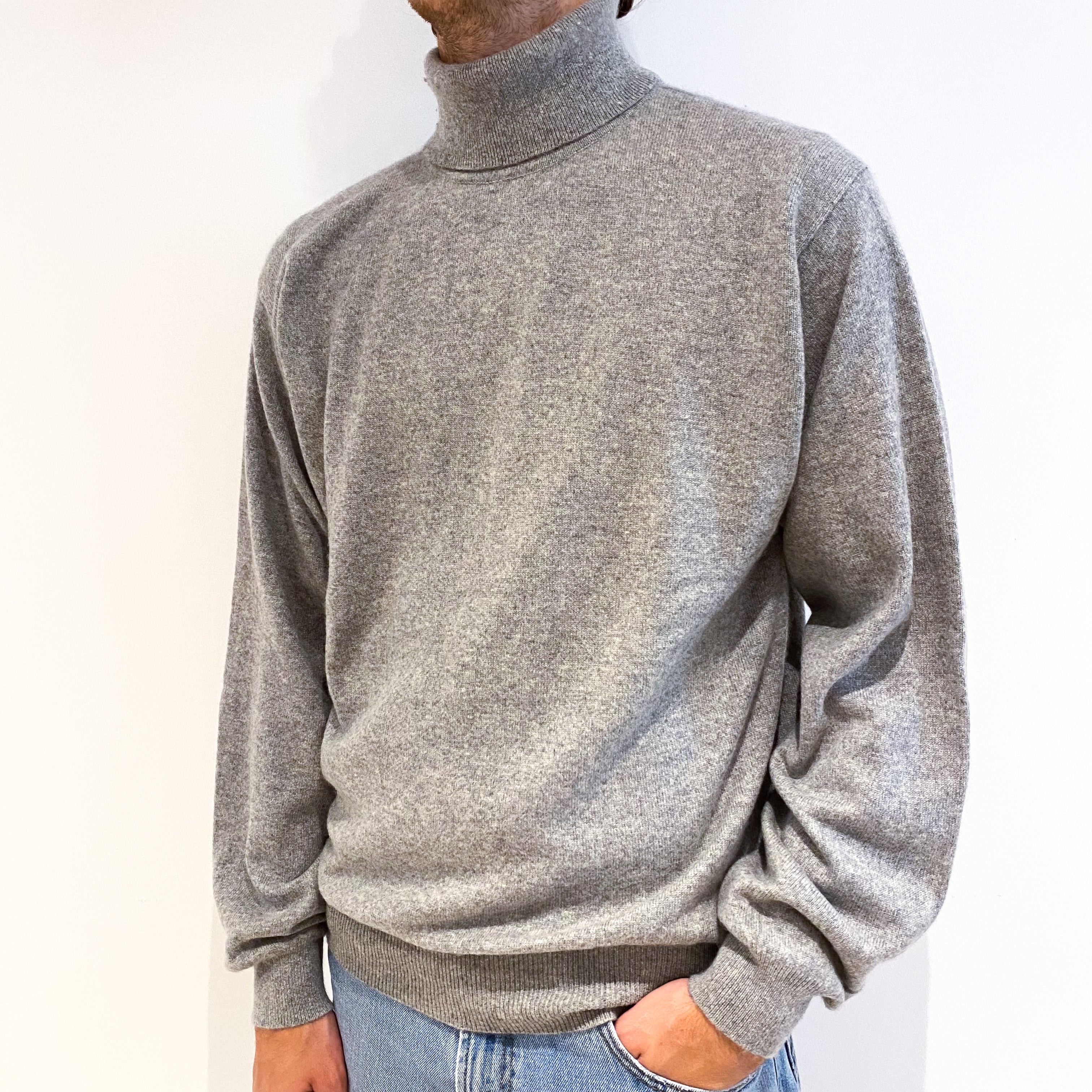 Men's Smoke Grey Cashmere Polo Neck Jumper Large