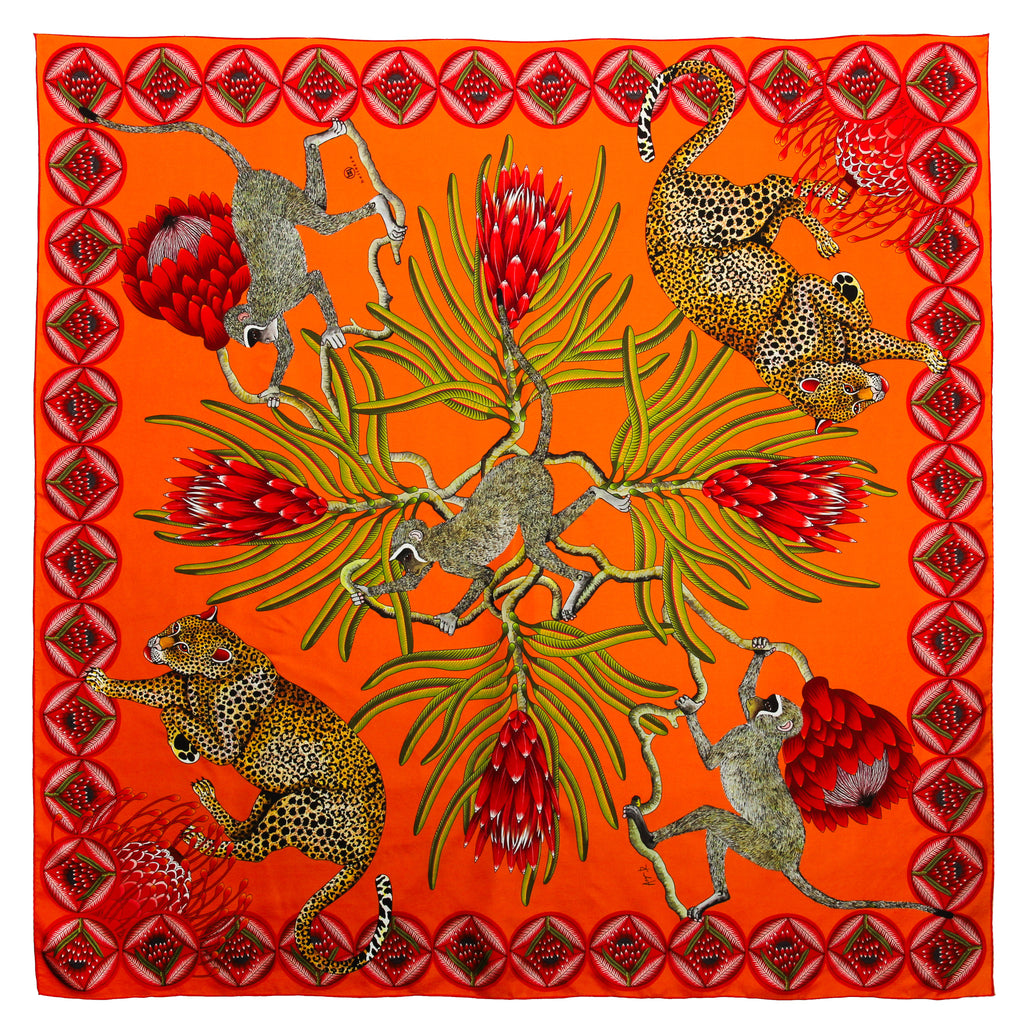 Brand New Bellezza Orange & Red Leopard Safari Double Faced Silk Scarf