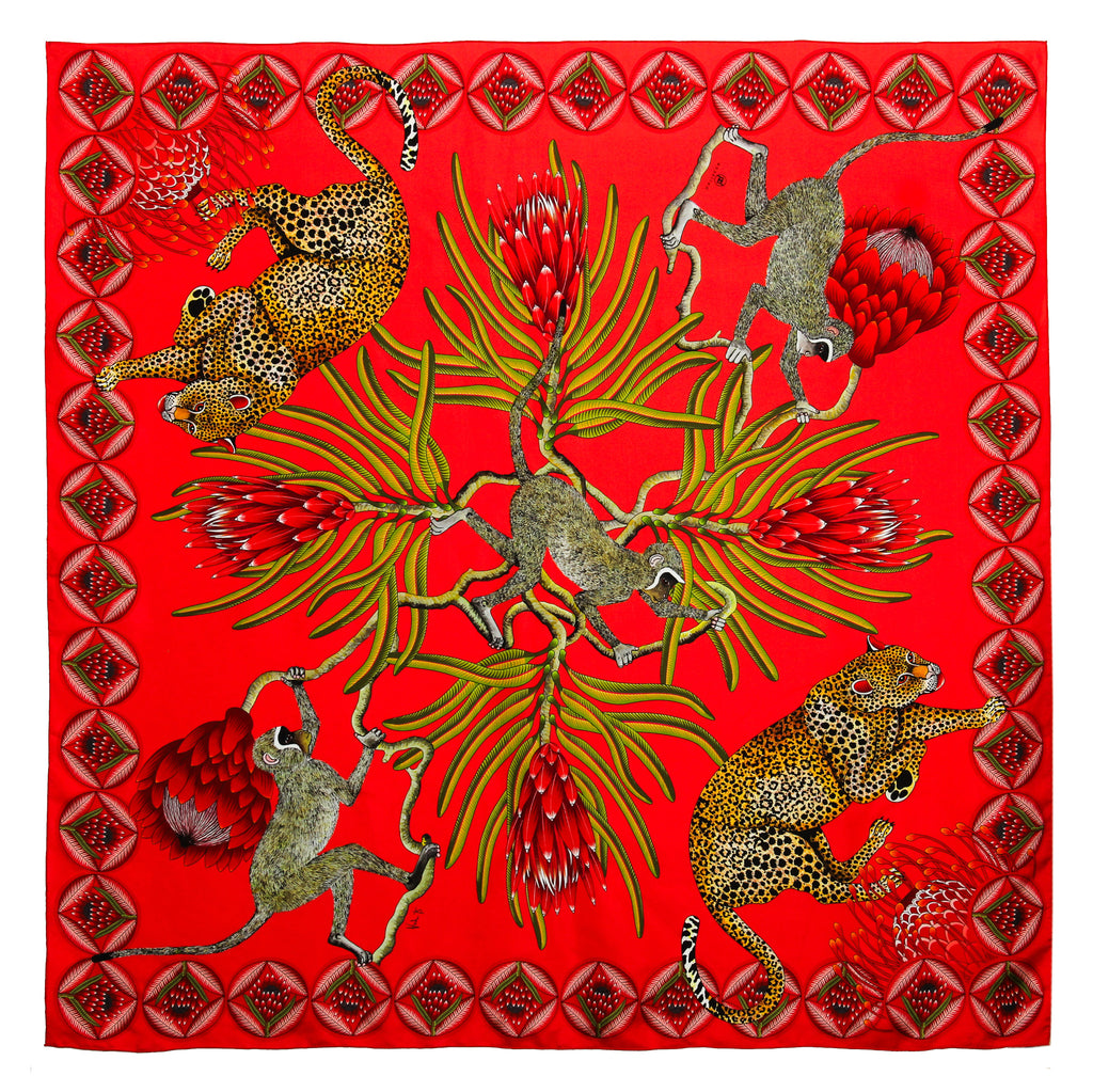 Brand New Bellezza Orange & Red Leopard Safari Double Faced Silk Scarf