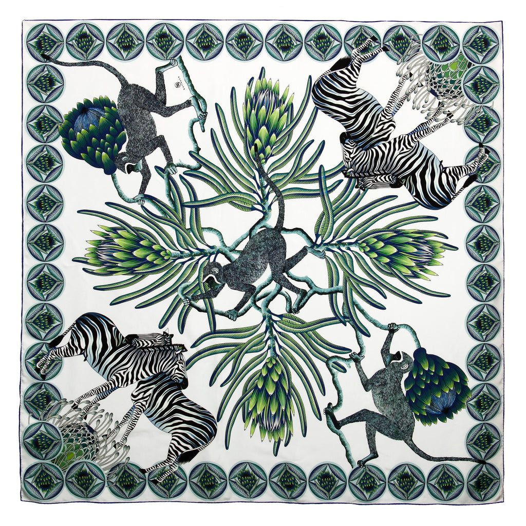 Brand New Bellezza Blue & Green Zebra Safari Double Faced Silk Scarf