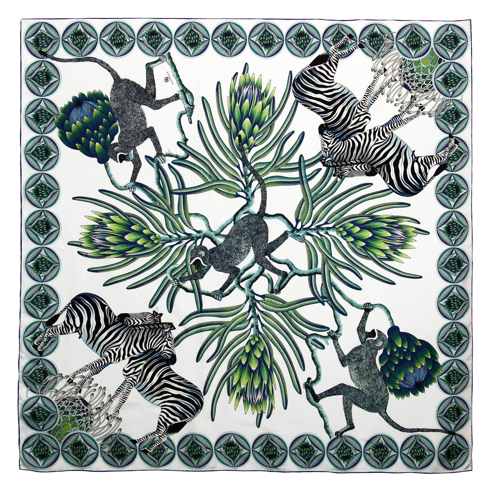 Brand New Bellezza Blue & Green Zebra Safari Double Faced Silk Scarf