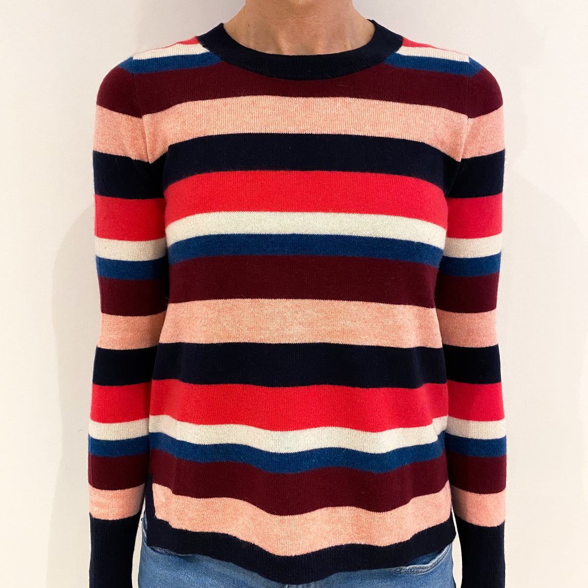 Navy Striped Cashmere Crew Neck Jumper Small