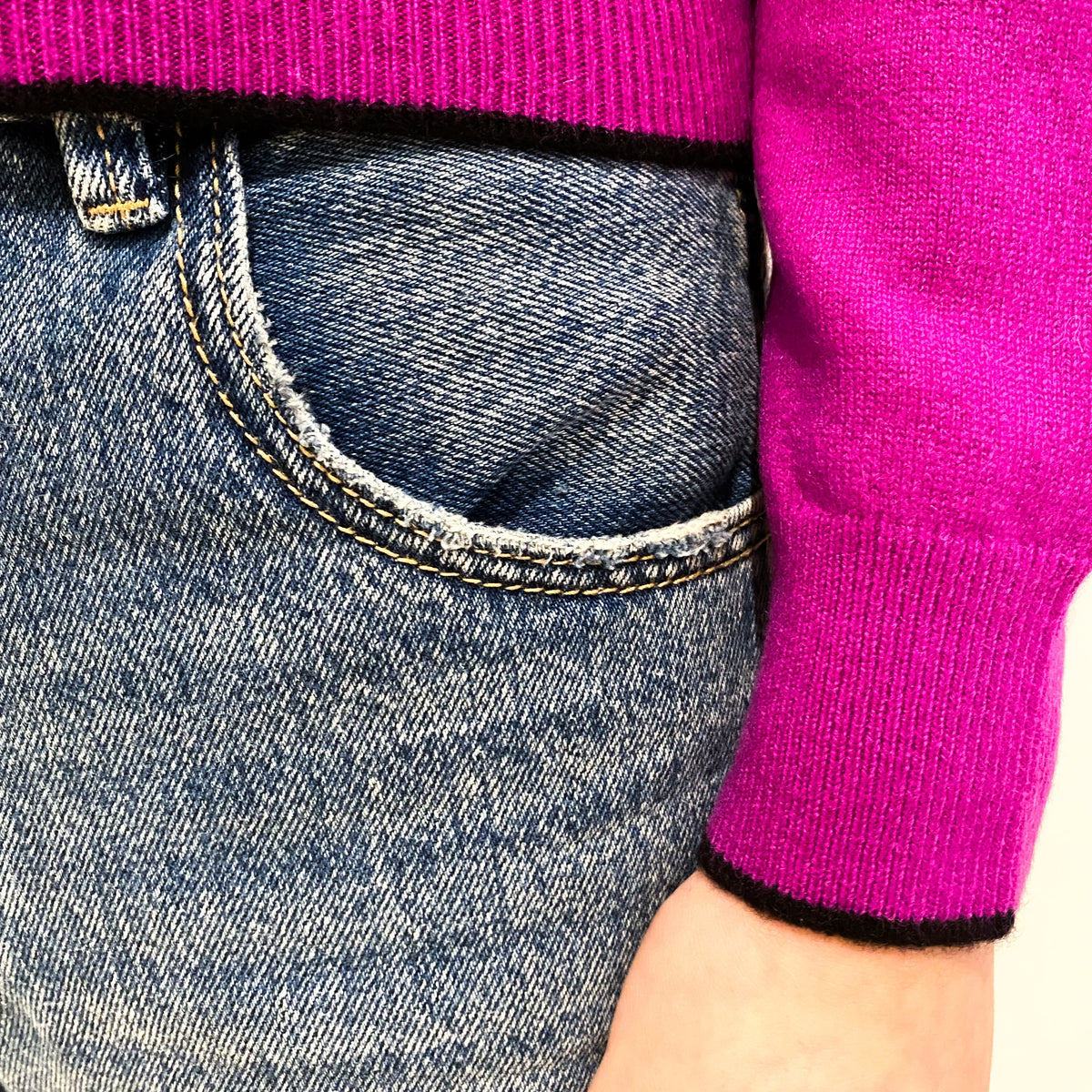 Magenta Pink Black Trim Cashmere Polo Neck Jumper Extra Small