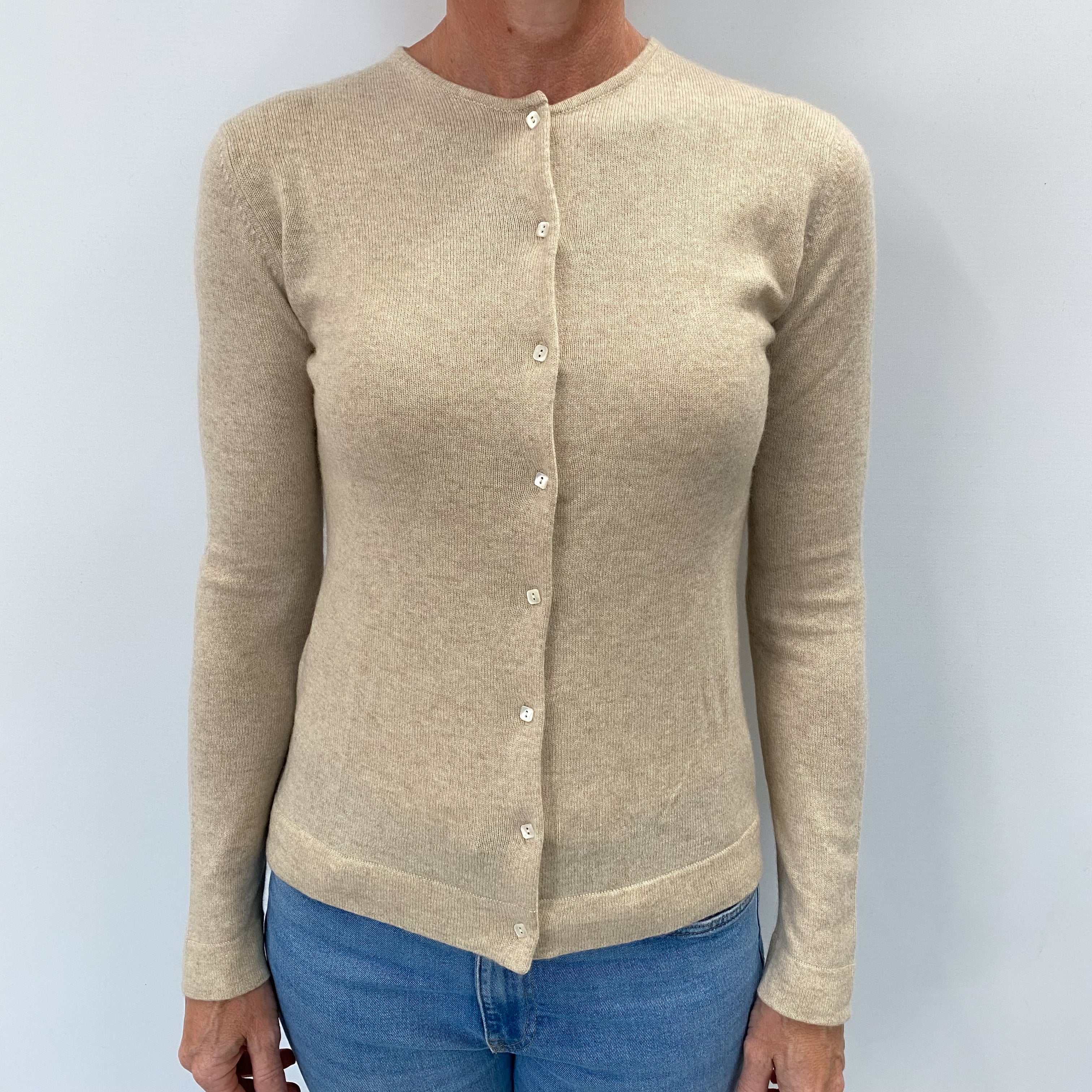 Sand Beige Cashmere Crew Neck Cardigan Small