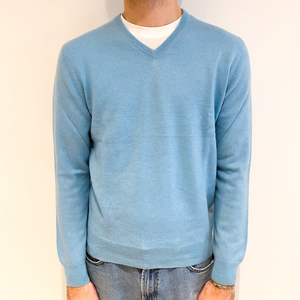 Men's Sky Blue Cashmere V Neck Jumper Large