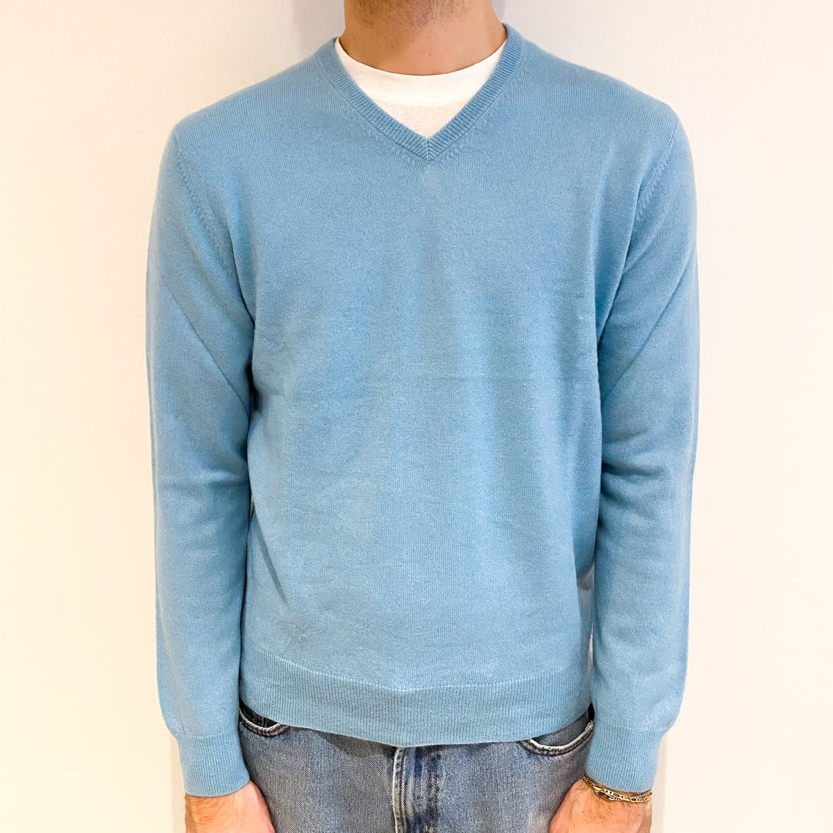 Men's Sky Blue Cashmere V Neck Jumper Large
