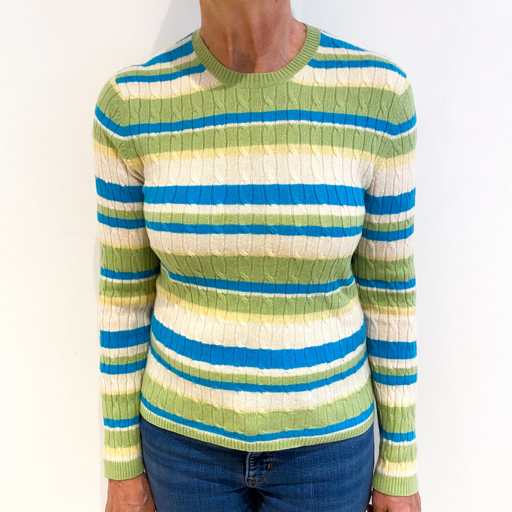 Cream With Green And Blue Cashmere Crew Neck Cable Knit Jumper Medium