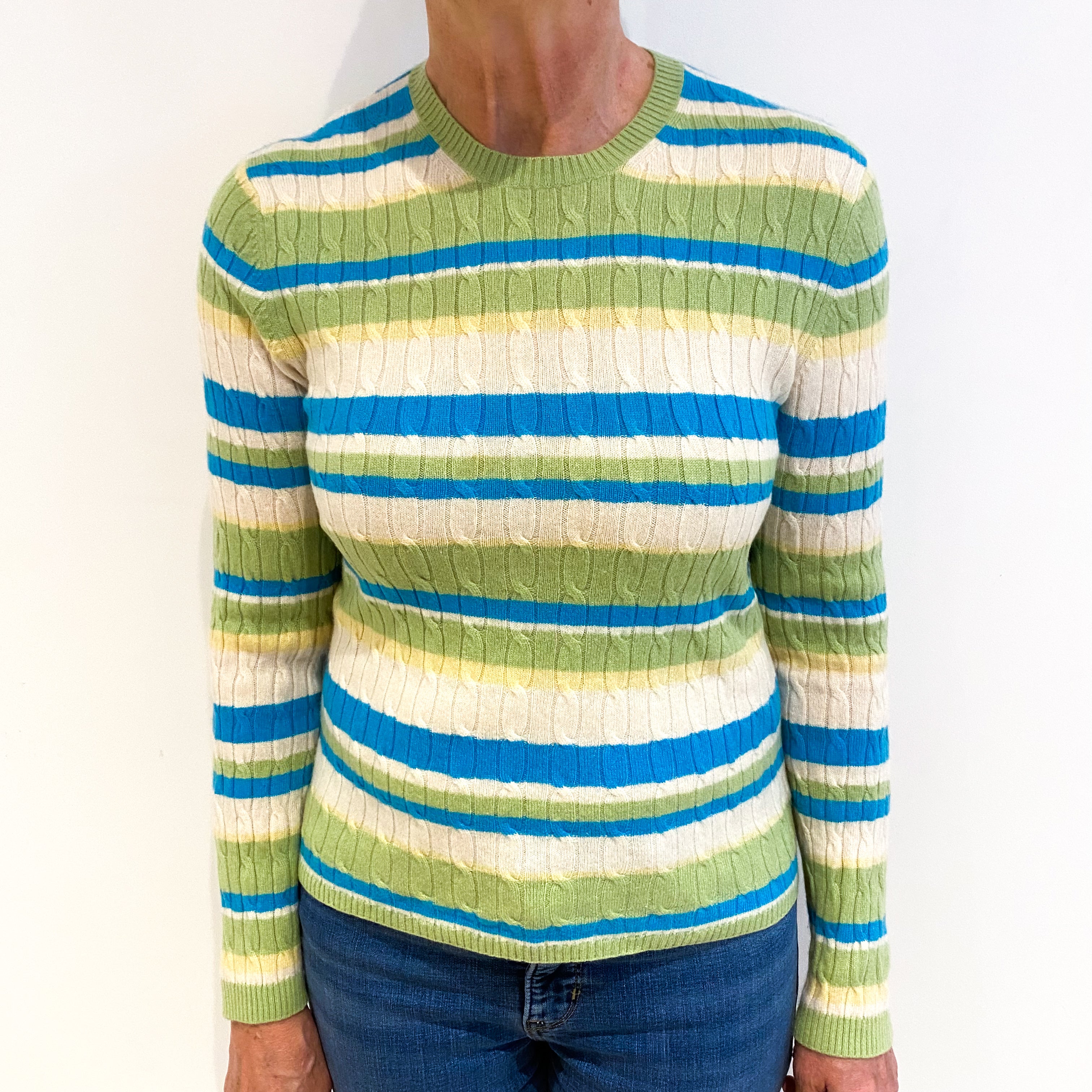 Cream With Green And Blue Cashmere Crew Neck Cable Knit Jumper Medium