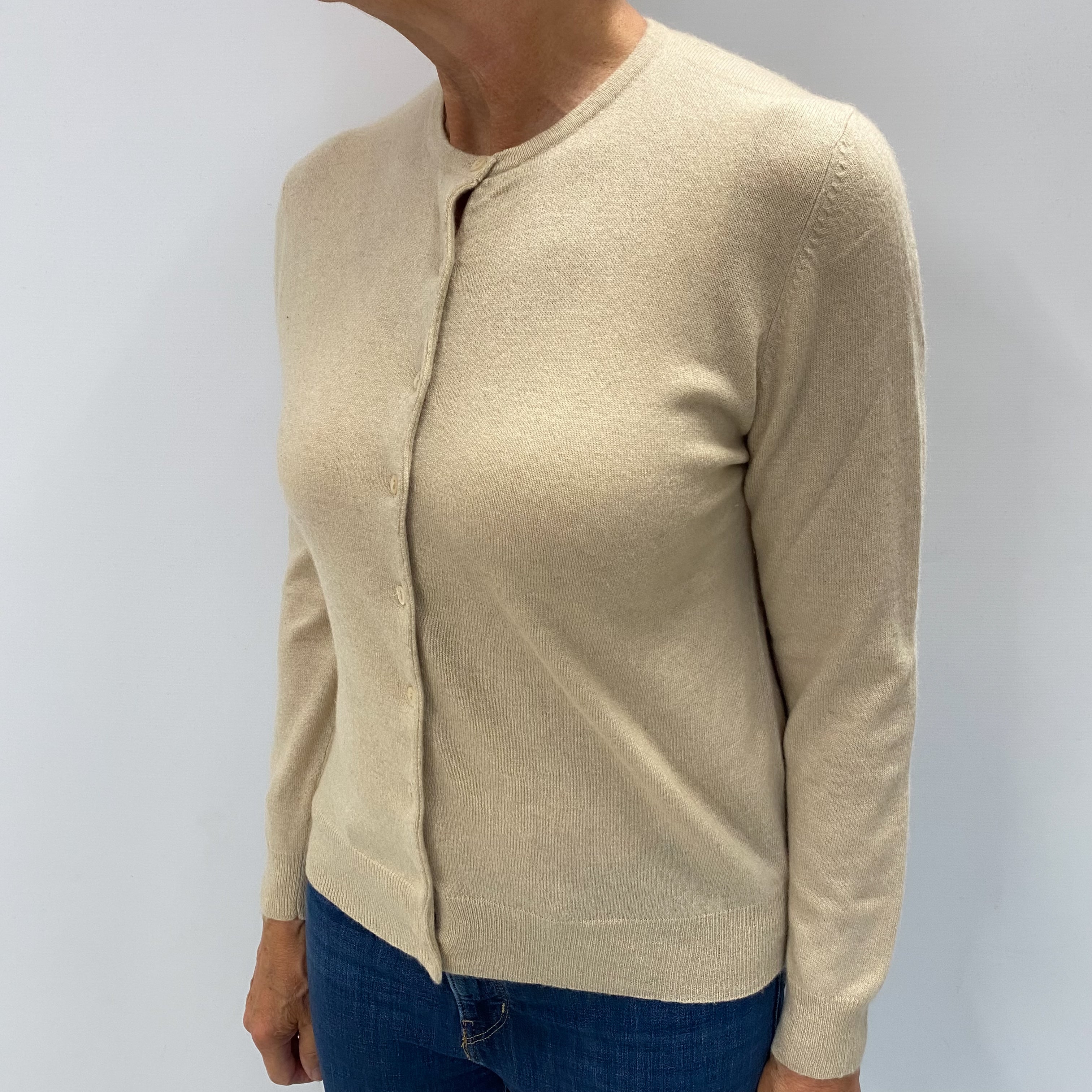 Beige Cashmere Crew Neck Cardigan Medium