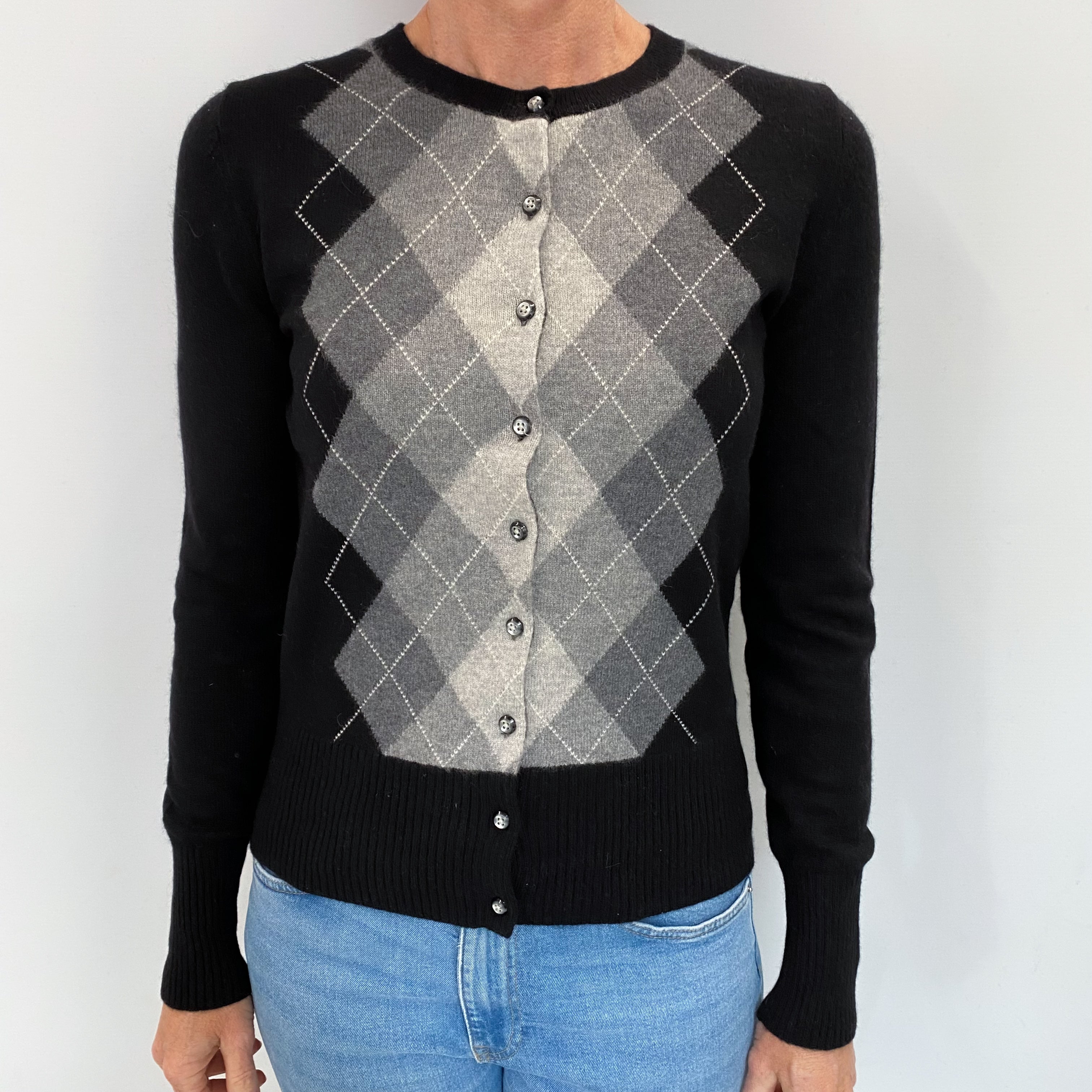 Black Argyle Cashmere Crew Neck Cardigan Small