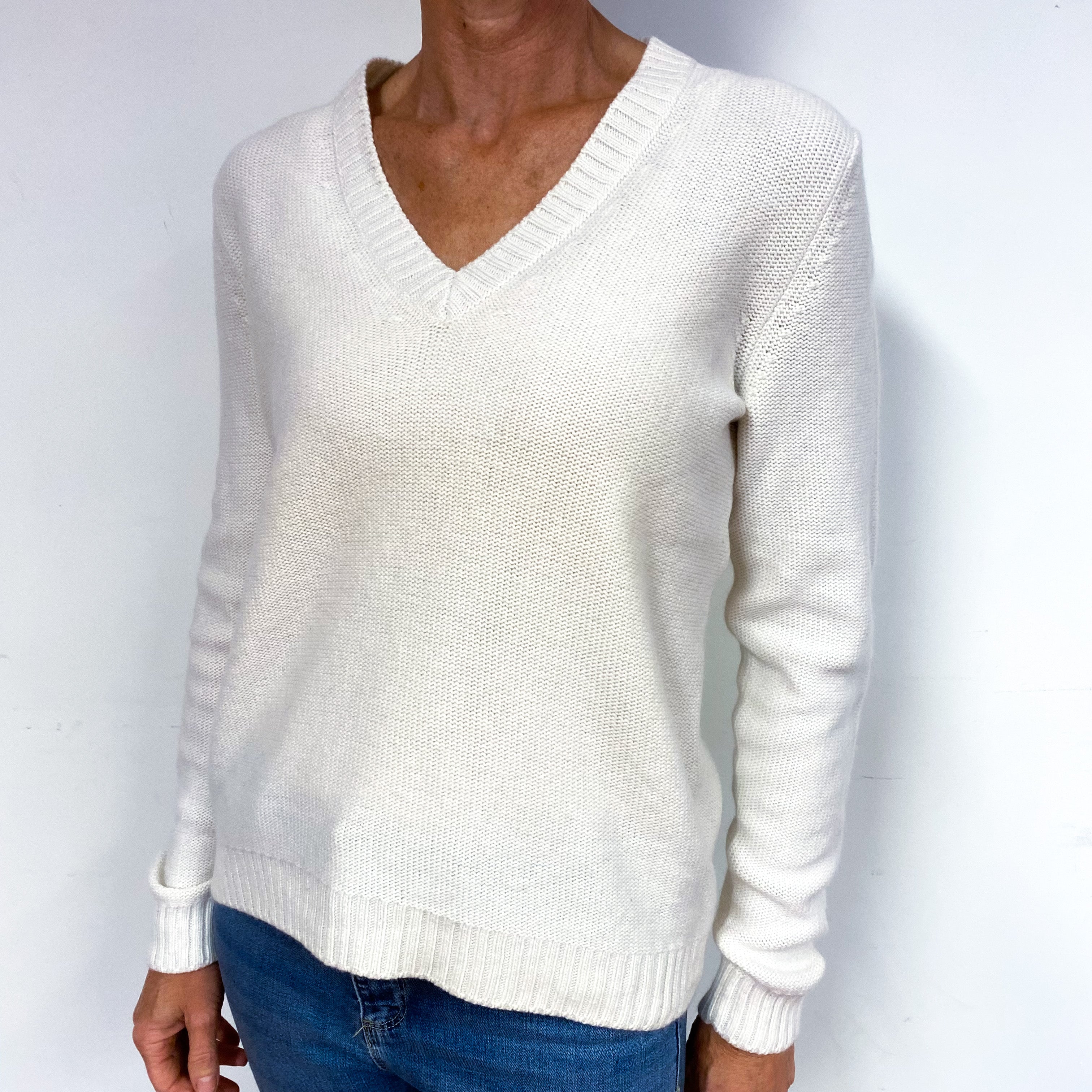 Amina Rubinacci Cream Cashmere V-Neck Jumper Medium