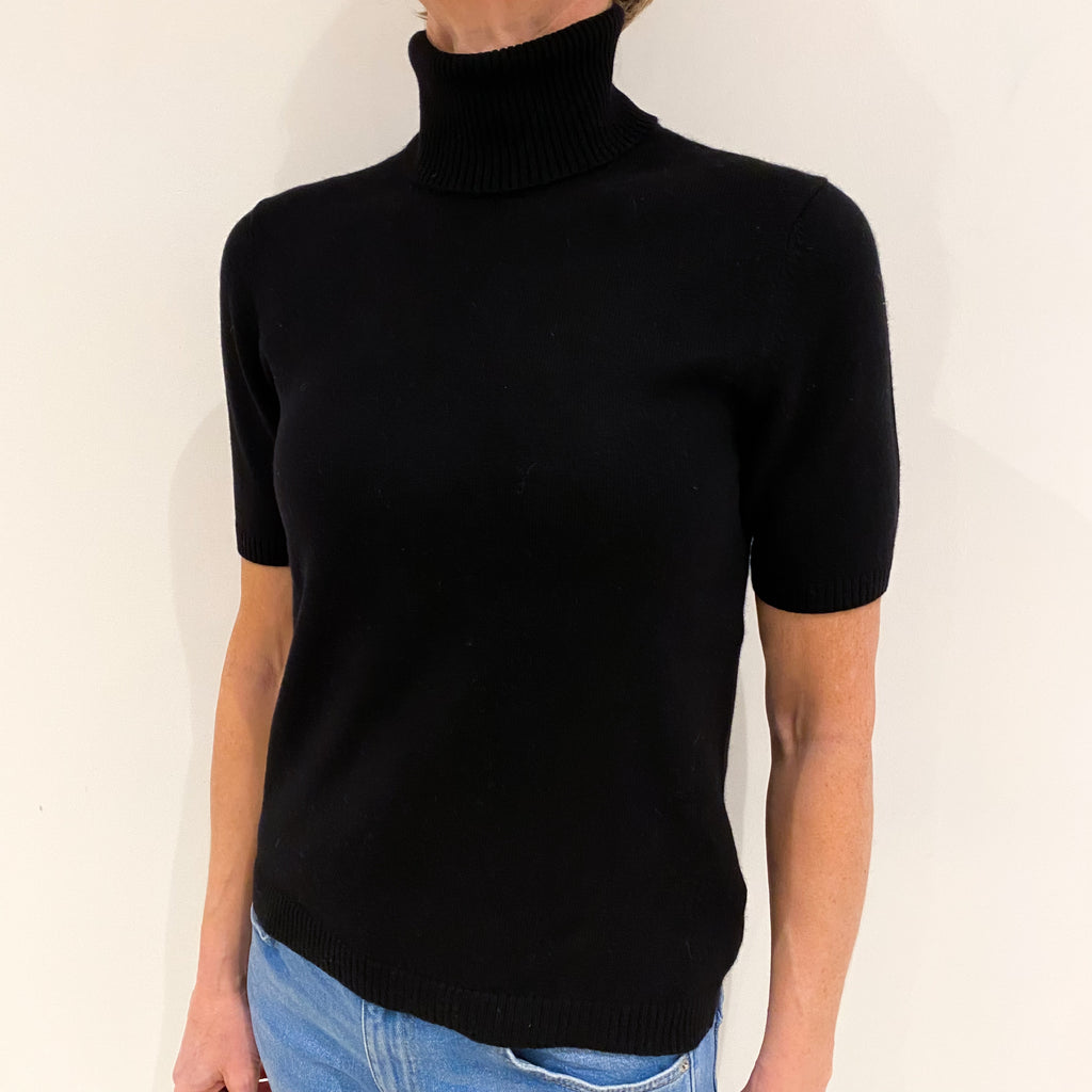 Black Cashmere Short Sleeved Polo Neck Jumper Small