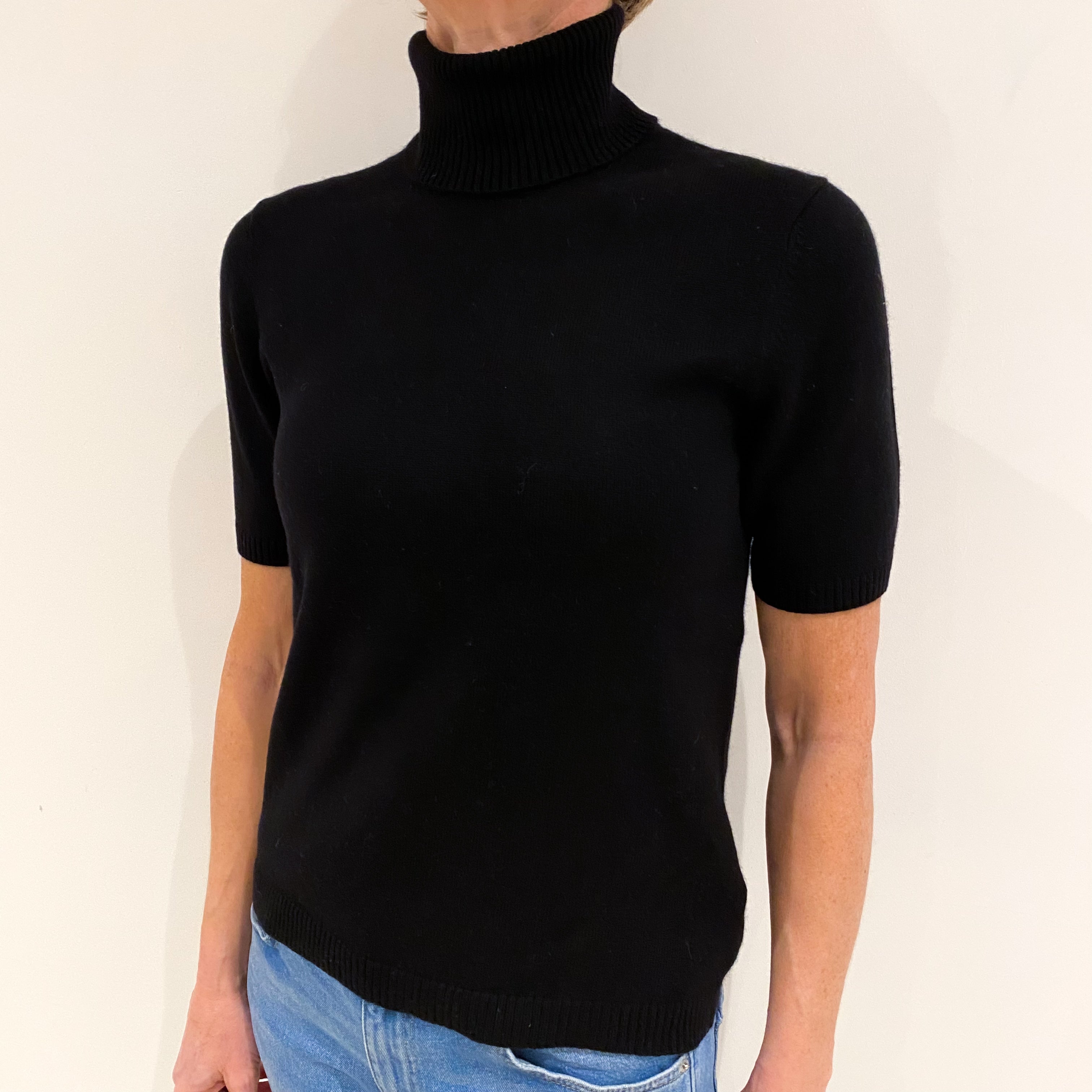 Black Cashmere Short Sleeved Polo Neck Jumper Small