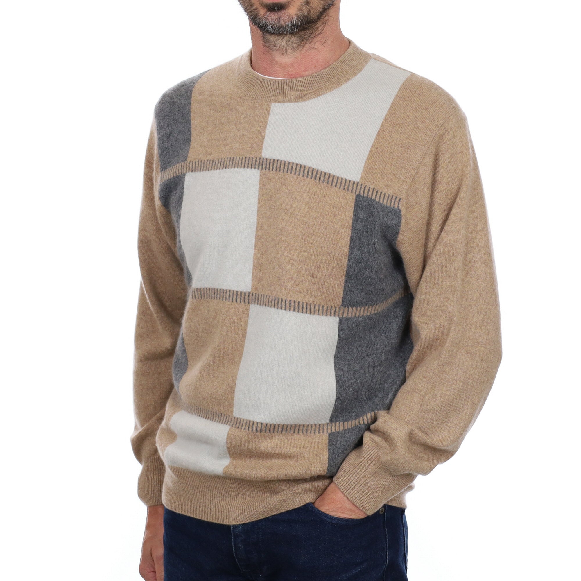Men's Camel and Grey Patterned Cashmere Crew Neck Jumper Small