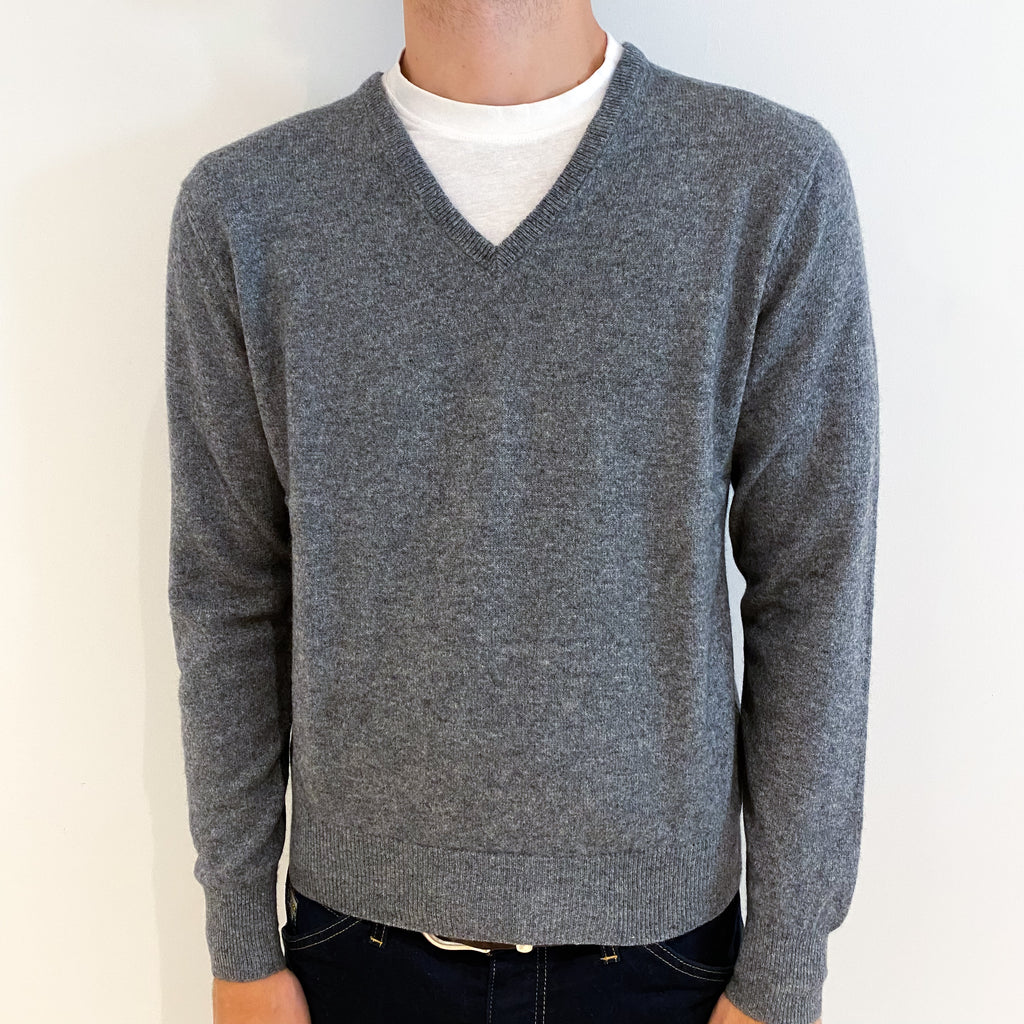 Men's Slate Grey Cashmere V-Neck Jumper Medium
